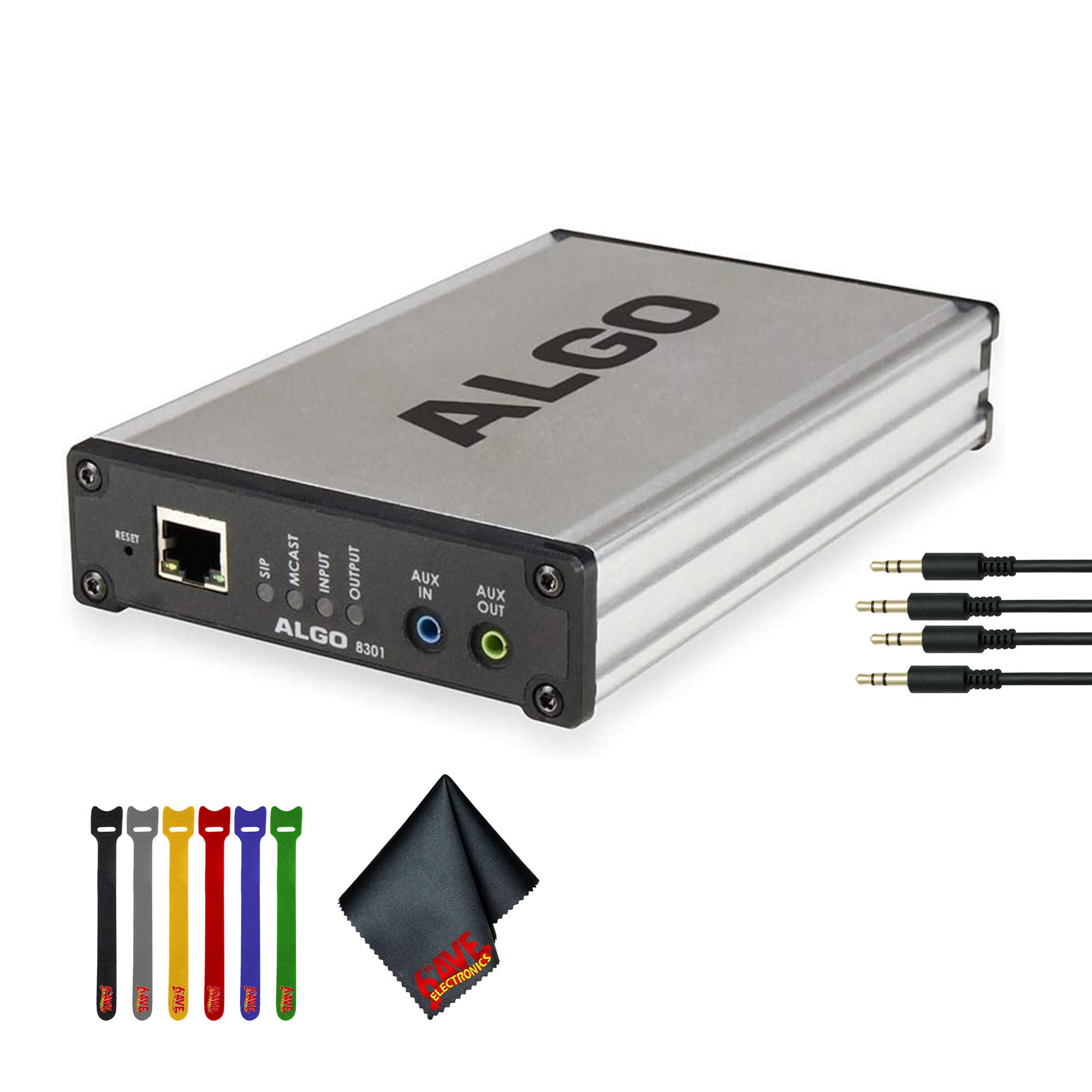 Algo 8301 IP Paging Adapter & Bell Scheduler for Integrating Lgeacy Analog Amilifiers PoE Bundle with 2X Auxilary Cables, Cable 