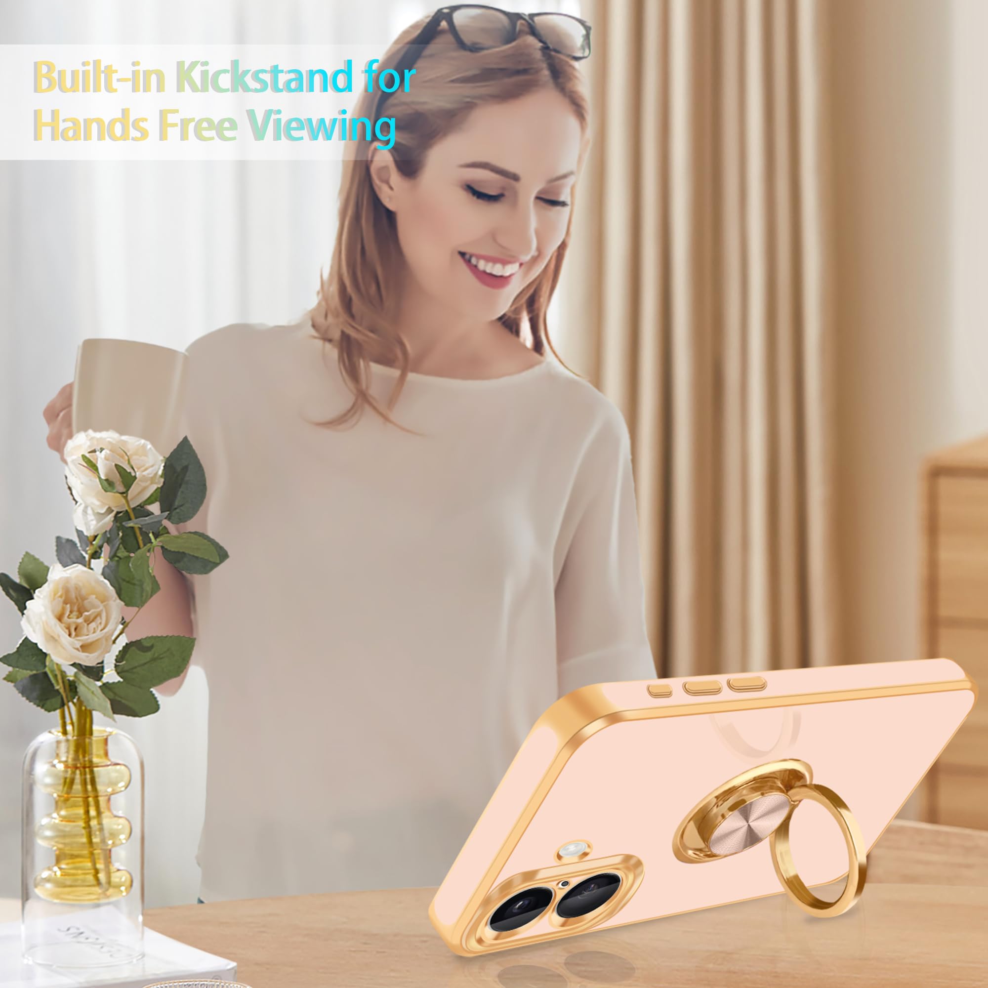 Fingic For Iphone 16 Plus Phone Case[With 360Ring Holder][Support Magnetic Car Mount]Cute Kickstand Slim Women Girl Nonslip Hard