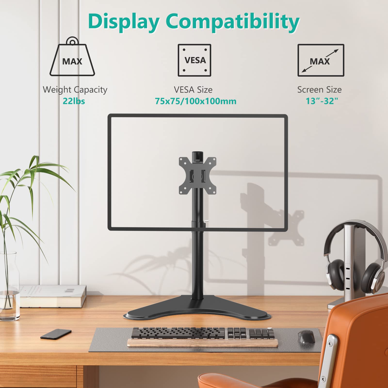 WALI Single Monitor Stand, Adjustable for Screens up to 32", Alloy Steel, Black, Model MF001