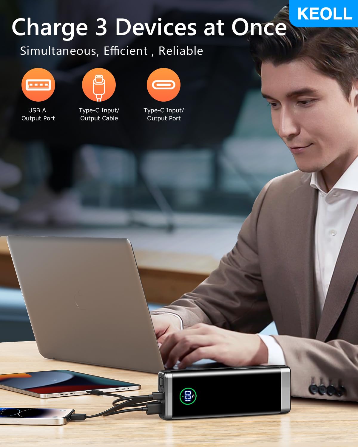 Keoll Portable Charger 40000Mah Power Bank With Built In Usb C Cable, 22.5W Fast Charging External Battery Pack, Portable Phone