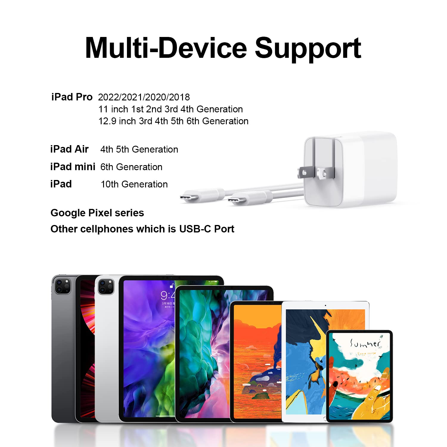 20W Foldable Fast Charging Fit For Ipad Pro Charger   (Replacement For Ipad Pro 12.9/11 Inch, For Ipad Air 4Th/5Th, For Ipad Min