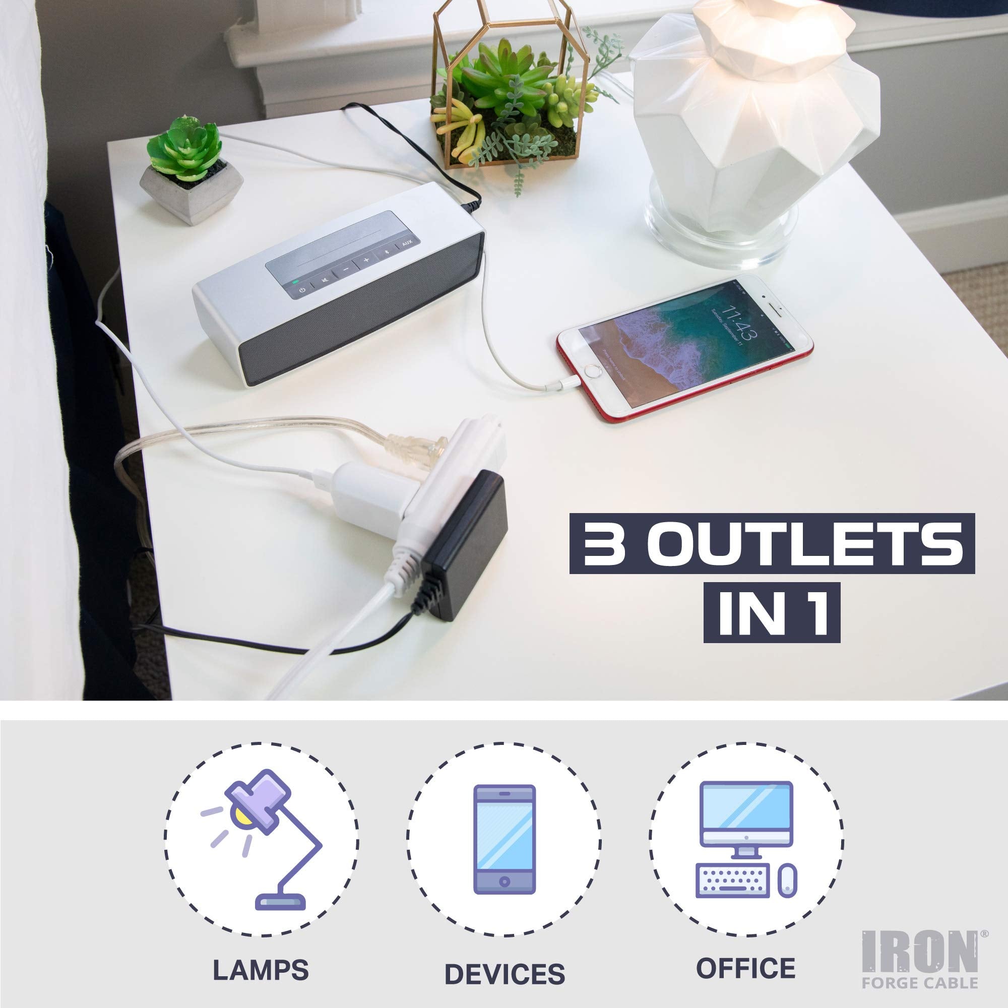 Iron Forge Cable 10 Ft Flat Plug White Extension Cord With 3 Outlets,16/3 Heavy Duty 3 Prong Indoor Extension Cord With Multiple