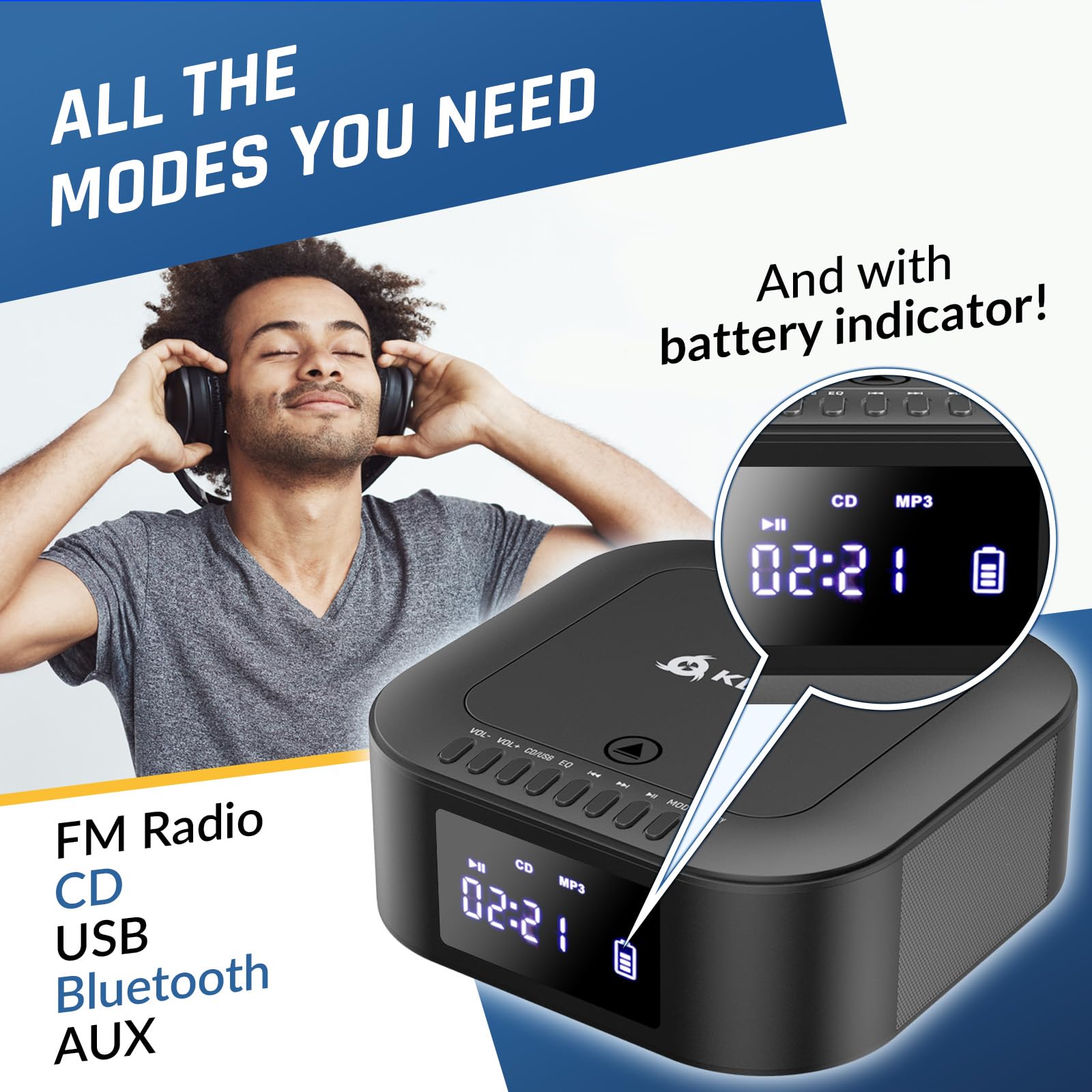 Klim Boombox E1   Cd Player Portable Audio System + Extra Bass With Subwoofer + Fm Radio, Cd Mp3 Bluetooth Aux Usb + Wired And W