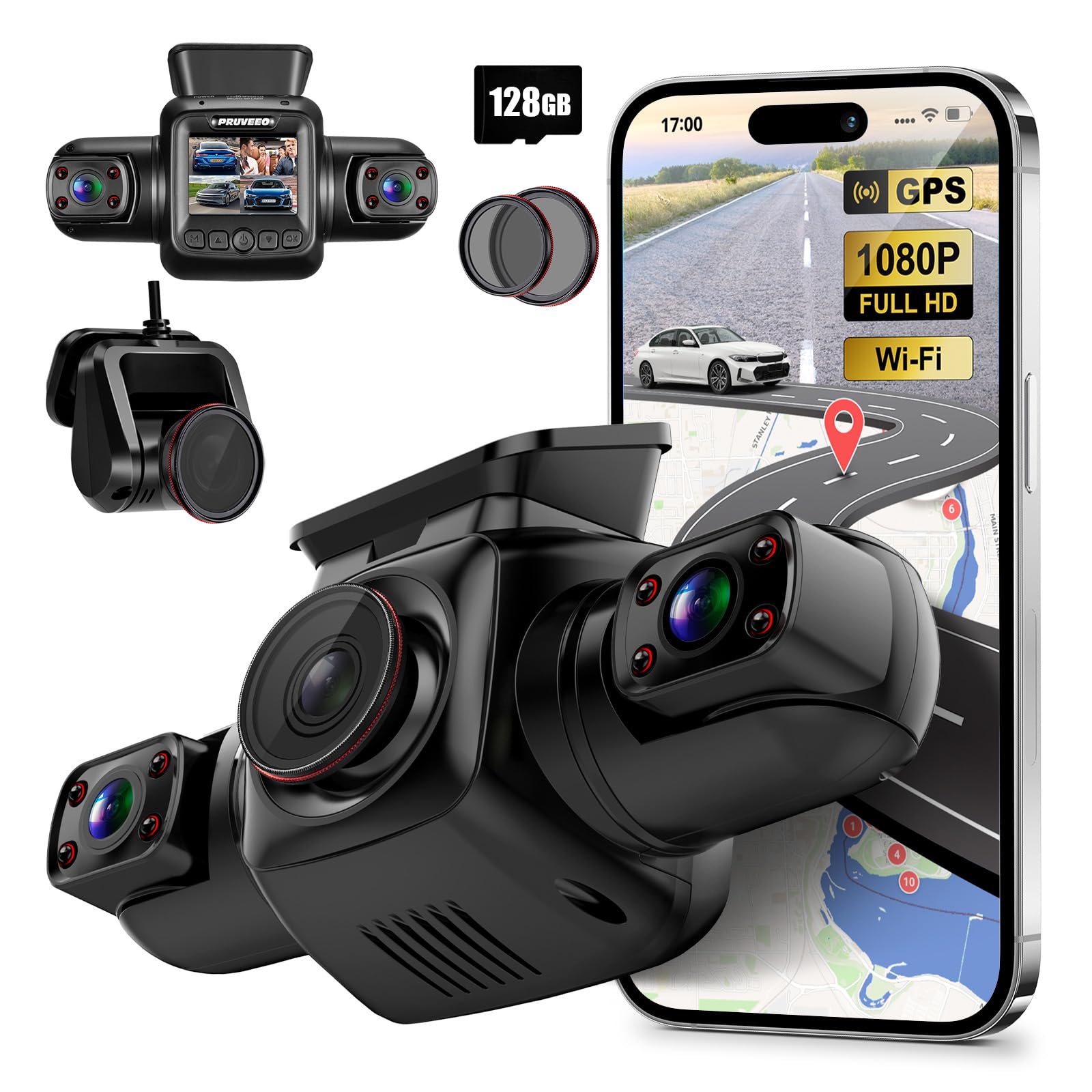 Pruveeo Dash Cam, 4 Channel Camera Fhd 1080Px4, Front Left Right And Rear, Front And Rear Inside, Built In Gps Wifi, Polarizing 