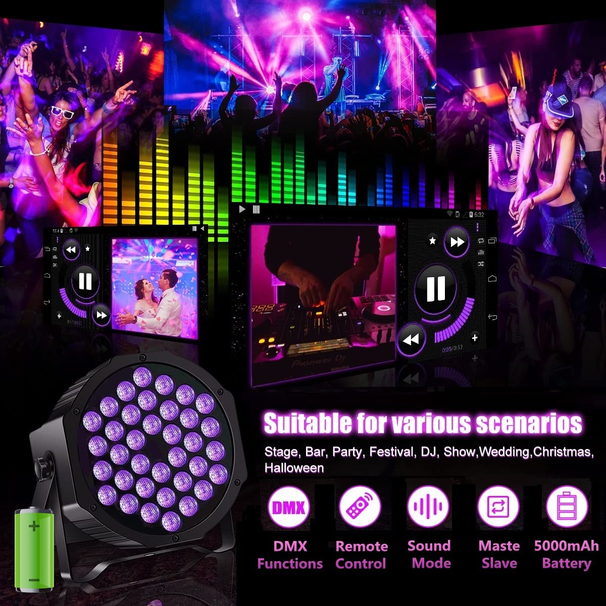 Uking Rechargeable Black Lights For Glow Party Halloween Battery Powered Portable Black Light Dmx Control 36 Led Uv Wireless Up