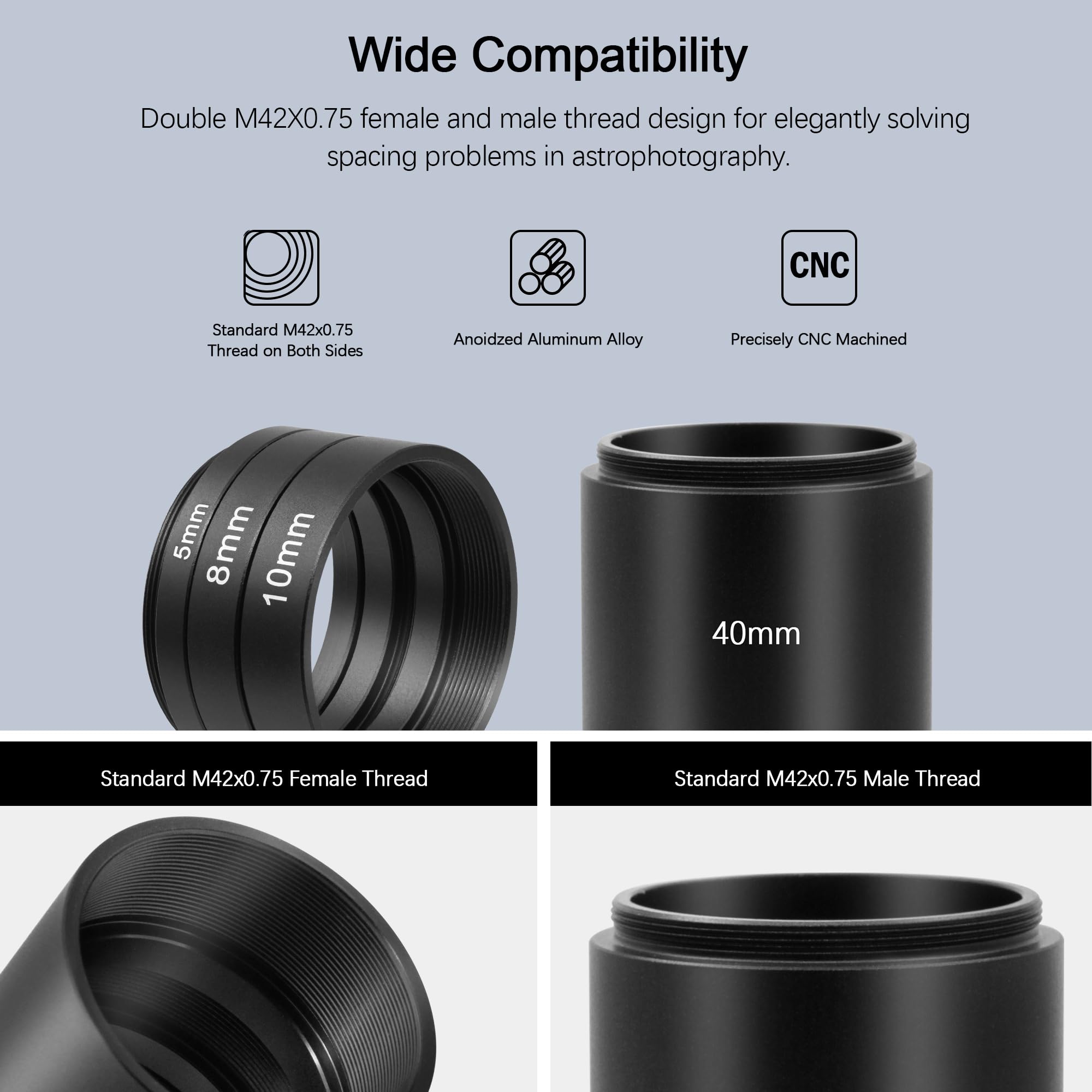Astromania Astronomical T2-Extension Tube Kit For Cameras And Eyepieces - Length 5Mm 8Mm 10Mm 40Mm - M42X0.75 On Both Sides