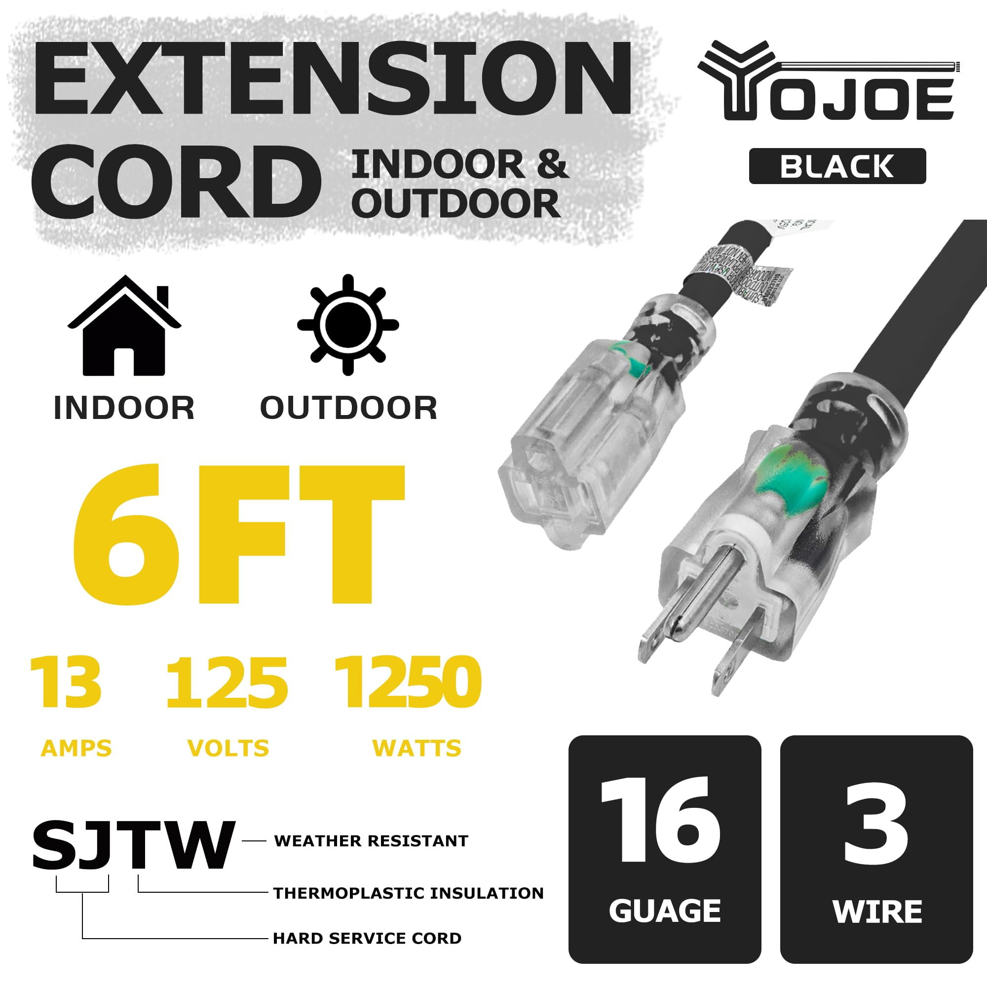 Yojoe Indoor Outdoor Extension Cord With Lighted End, 3 Prong 13A Weatherproof Power Extension Cord, 16 Gauge Heavy Duty 6 Ft Bl
