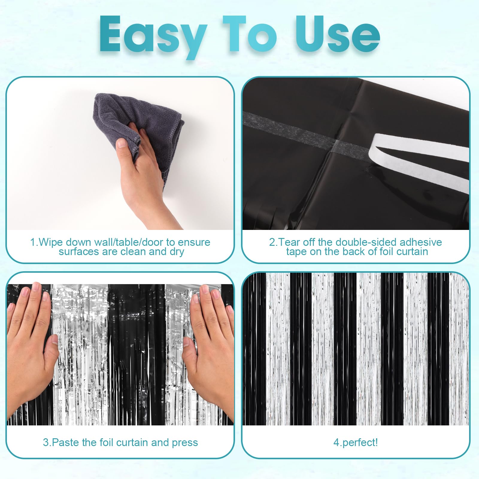 Voircoloria 2 Pack Black And Silver Tinsel Foil Fringe Curtains, Black White Party Decorations, Metallic Tinsel Party Streamers