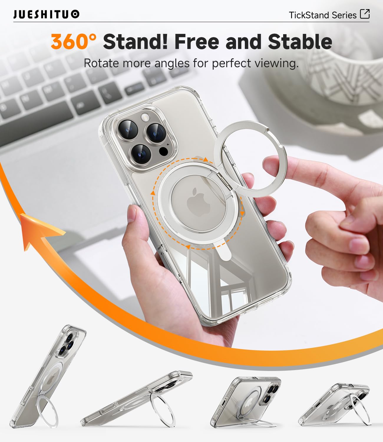 Jueshituo 3 In 1 For Iphone 16 Pro Case, [Non Yellowing] 360 Rotatable Magnetic Ring Stand With [Rotary Damping Sound] [1X Scree