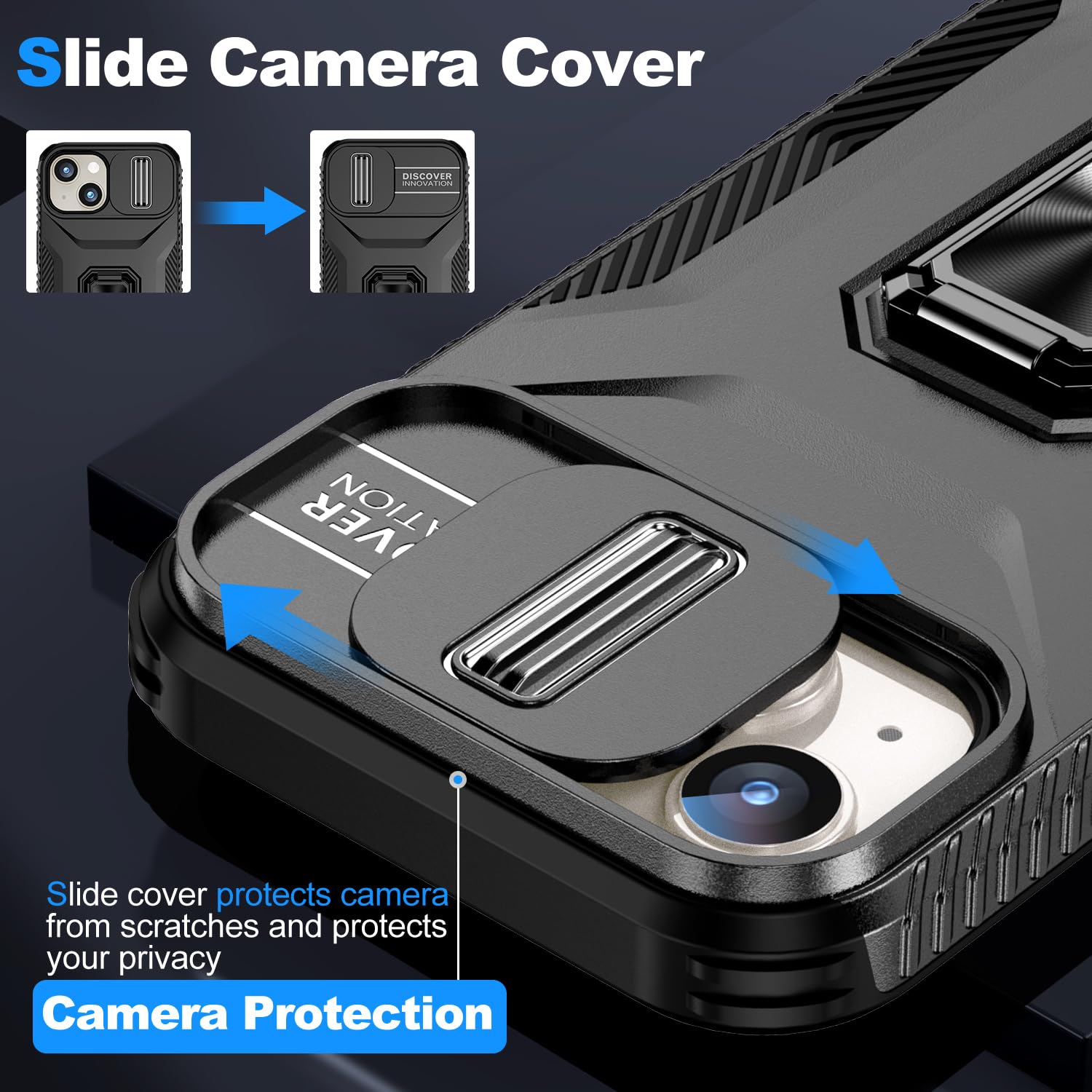 Hitaoyou For Iphone 15 Case, Phone Case Iphone 15,Iphone 15 Case With Camera Cover & Kickstand Military Grade Shockproof Heavy D