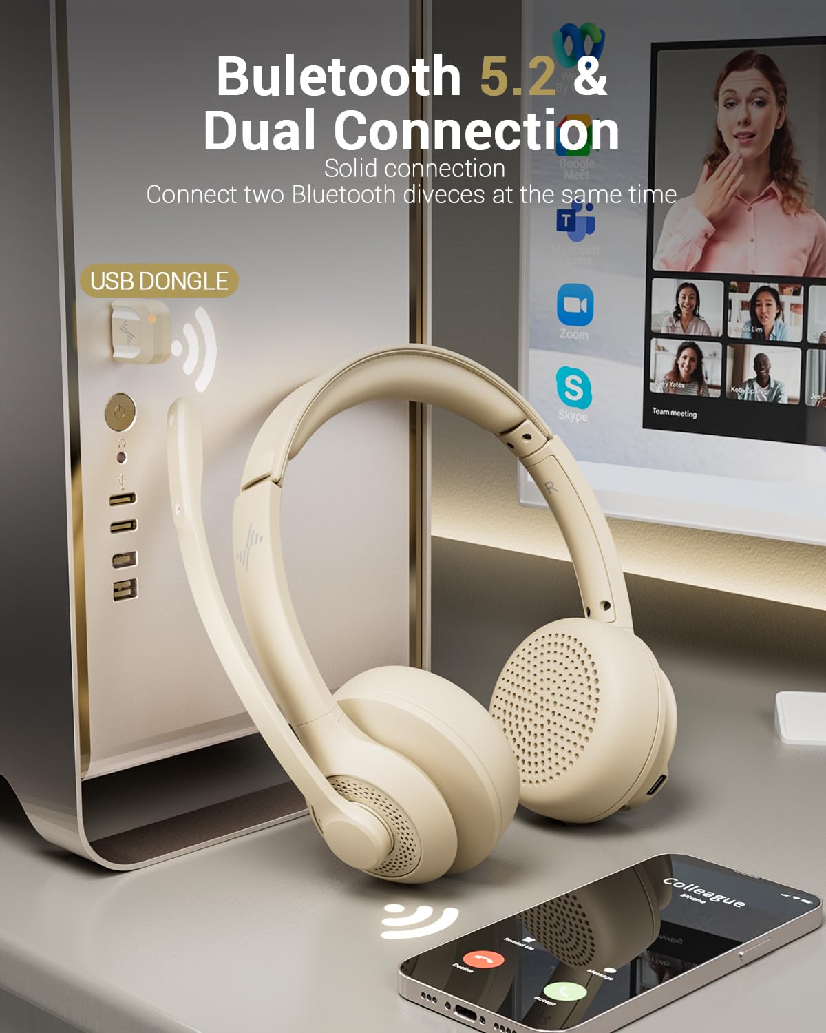 Jiamqishi Wireless Headset With Ai Noise Cancelling Microphone Bluetooth Headset   Bluetooth V5.2 Headphones With Usb Dongle & M