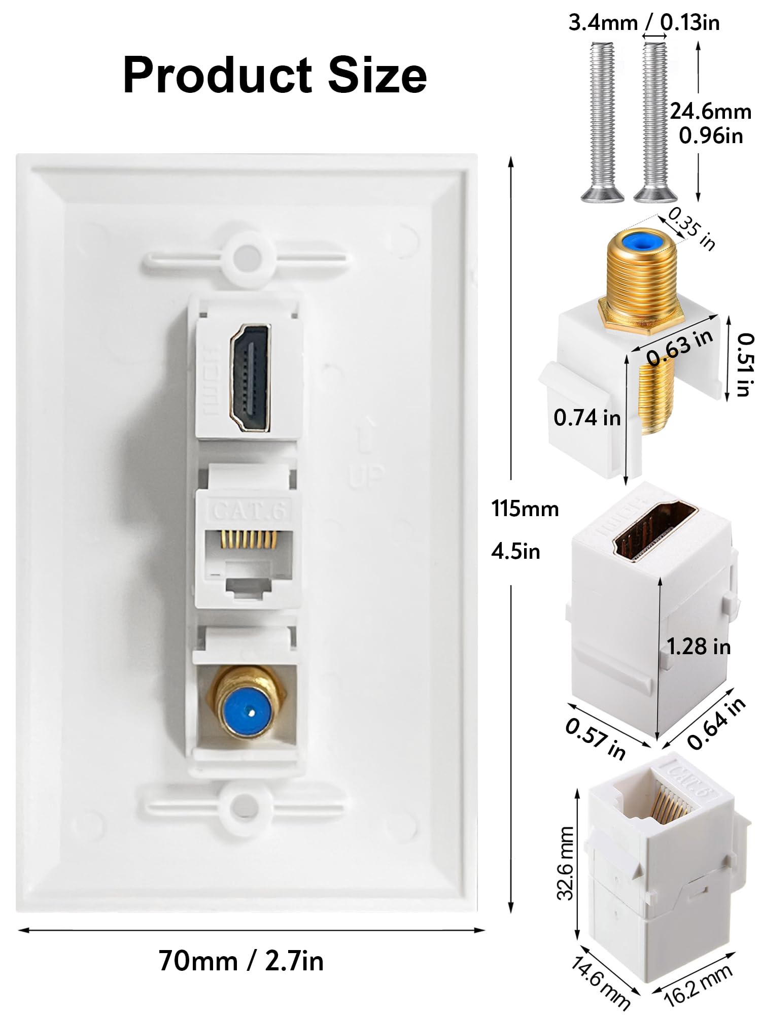 Hdmi Coax Ethernet Wall Plate, 1 Port 4K Hdmi Keystone Female To Female, 1 Port Coax Keystone Female To Female, 1 Port Cat6 Keys