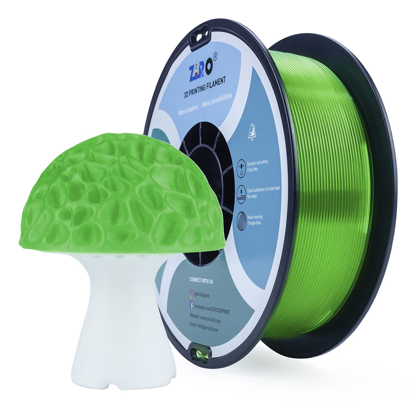ZIRO Transparent PLA Filament 1.75mm, Pure Color 3D Printer Filament PLA PRO, Semi- Transparent 1.75 1KG(2.2lbs) Spool, Dimensio