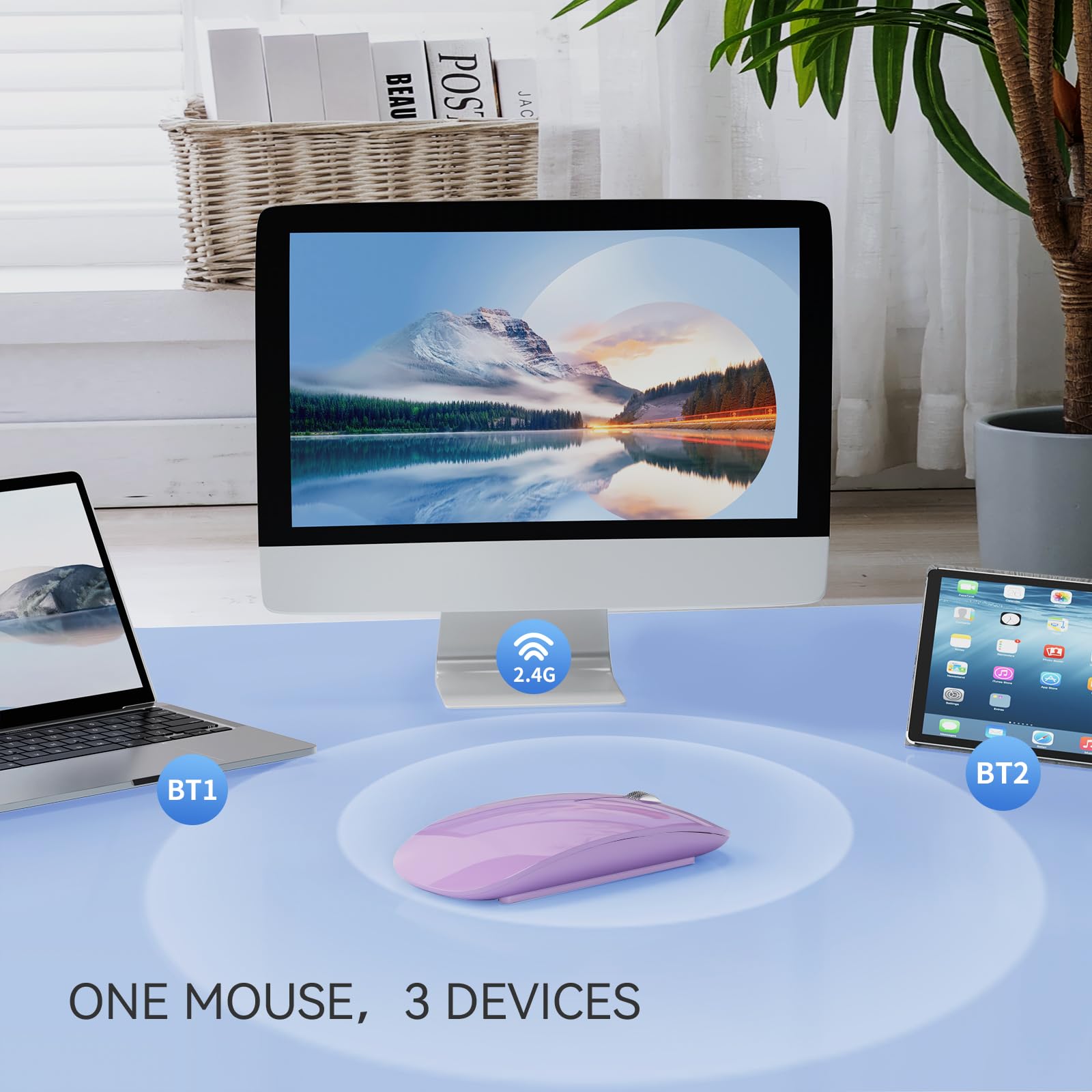 Tenmos M18 Bluetooth Mouse, Usb C Rechargeable Wireless Mouse, Triple Mode (Dual Bluetooth+Usb) Computer Silent Mice Portable With Usb Receiver And Type C Adapter For Laptop/Macbook/Ipad/Pc   Purple