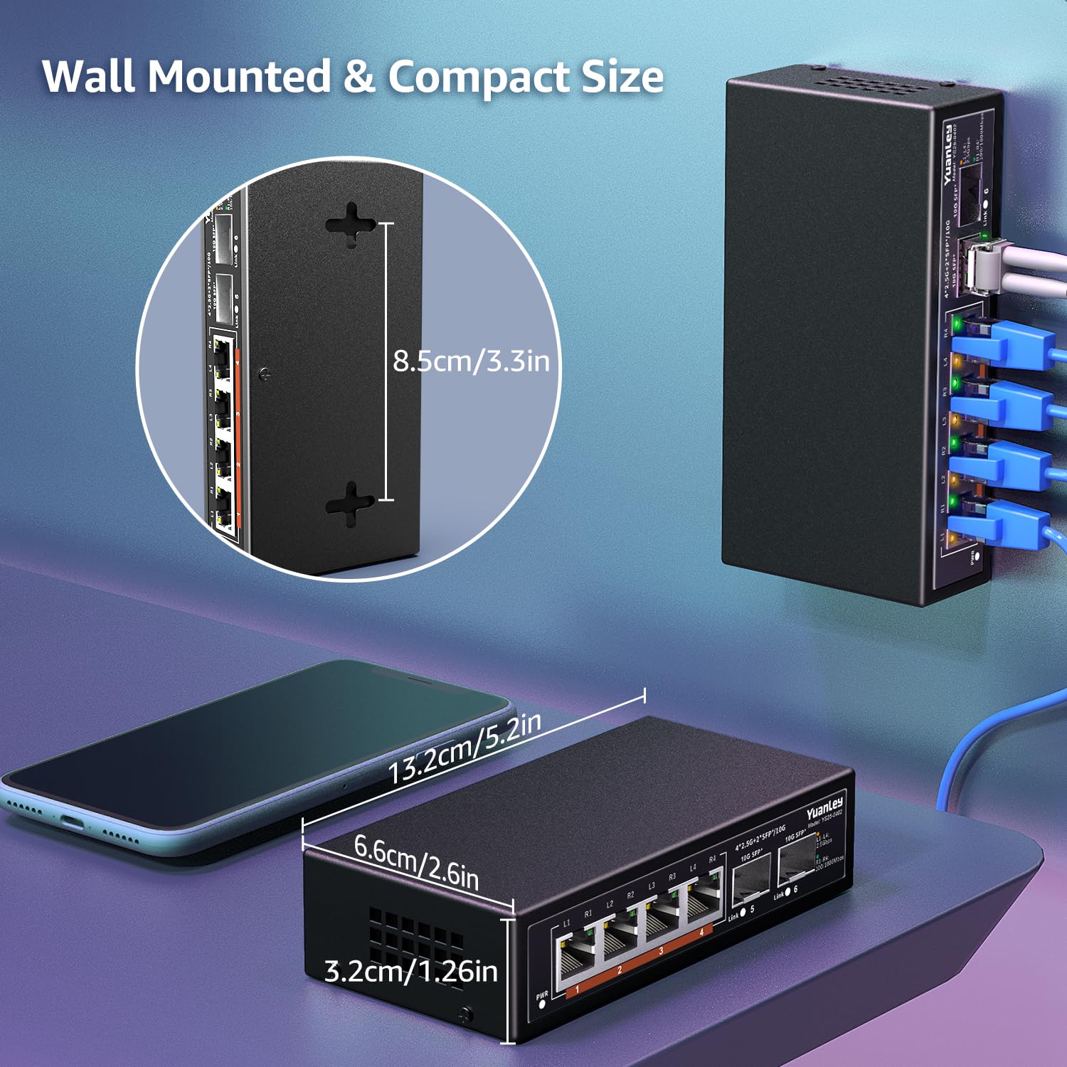 6 Port 2.5G Umanaged Ethernet Switch, 4 X 2.5G Base T Ports, 2 X 10G Sfp, Compatible With 100/1000/2500Mbps, Metal Fanless, Desk