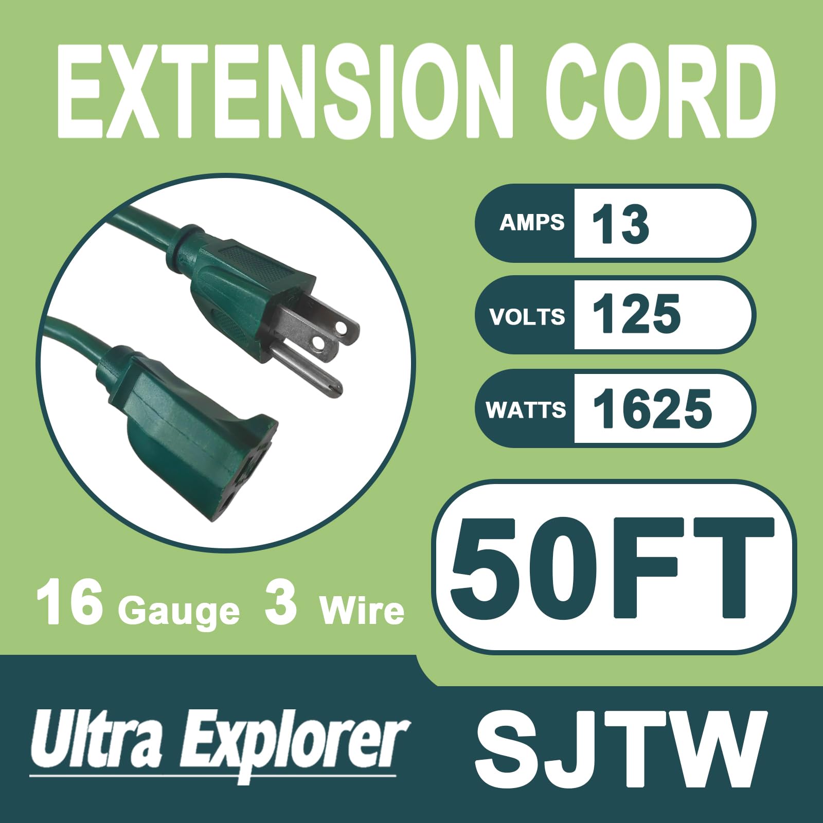 50 Ft 16/3 Outdoor Extension Cord Waterproof   16 Gauge 3 Prong Electric Cord, Sjtw, 13A 1625W 125V, Grounded Plug Extension Wir