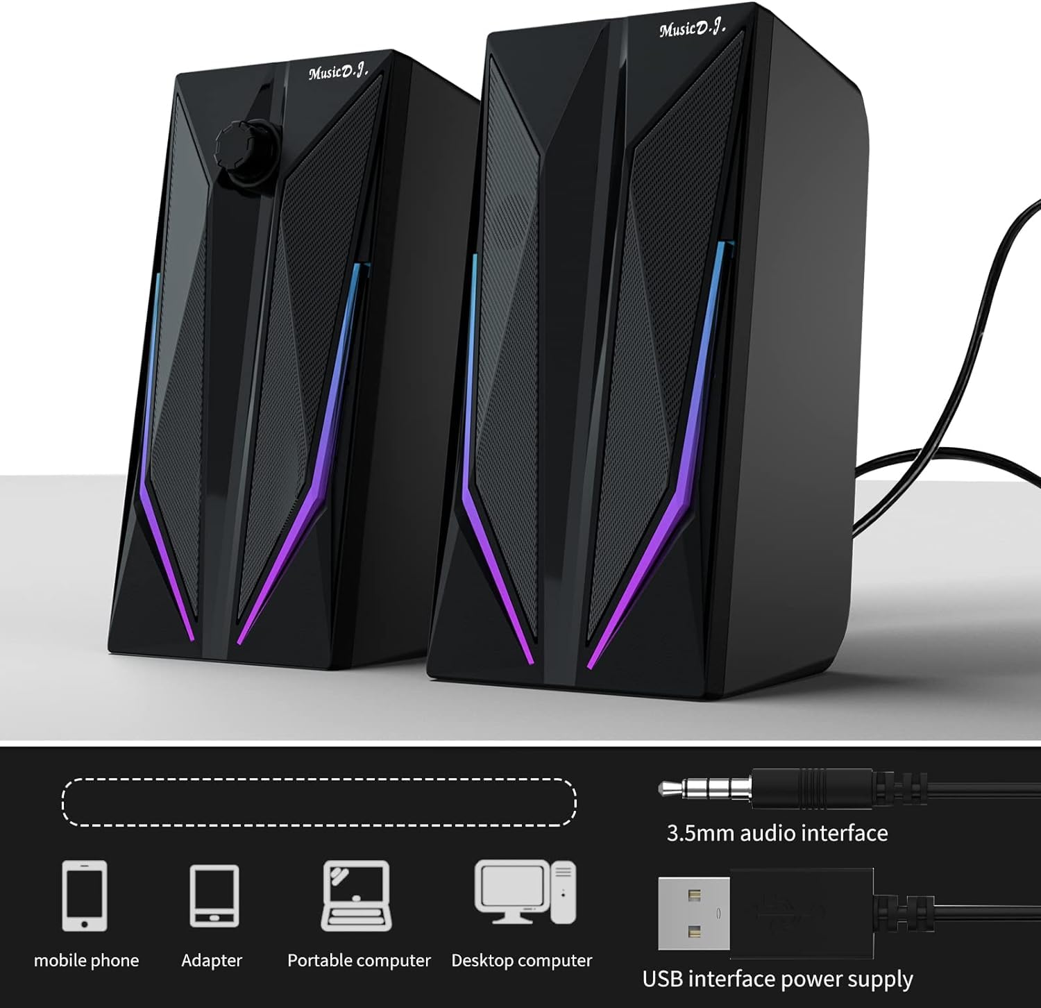 Zuo Xi Desktop Speakers, 2.0 Channel Pc Computer Hifi Stereo Gaming Speaker With Colorful Led Light Modes, Enhanced Bass And Eas