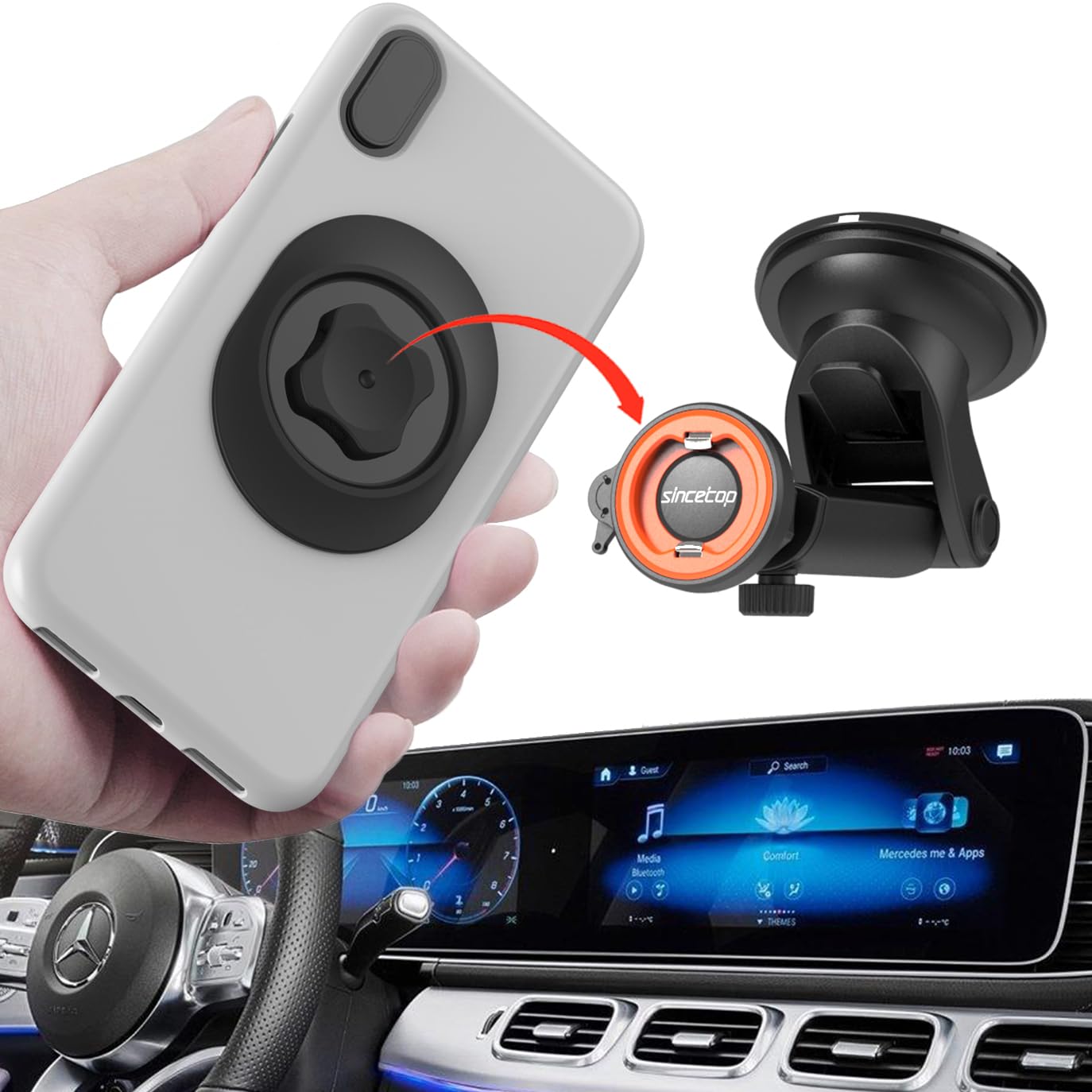 Sincetop Car Phone Holder Mount, Cell Phone Mount For Car Dashboard Windshield, 3 In 1 Super Suction Cup With Strong Sticky Gel,