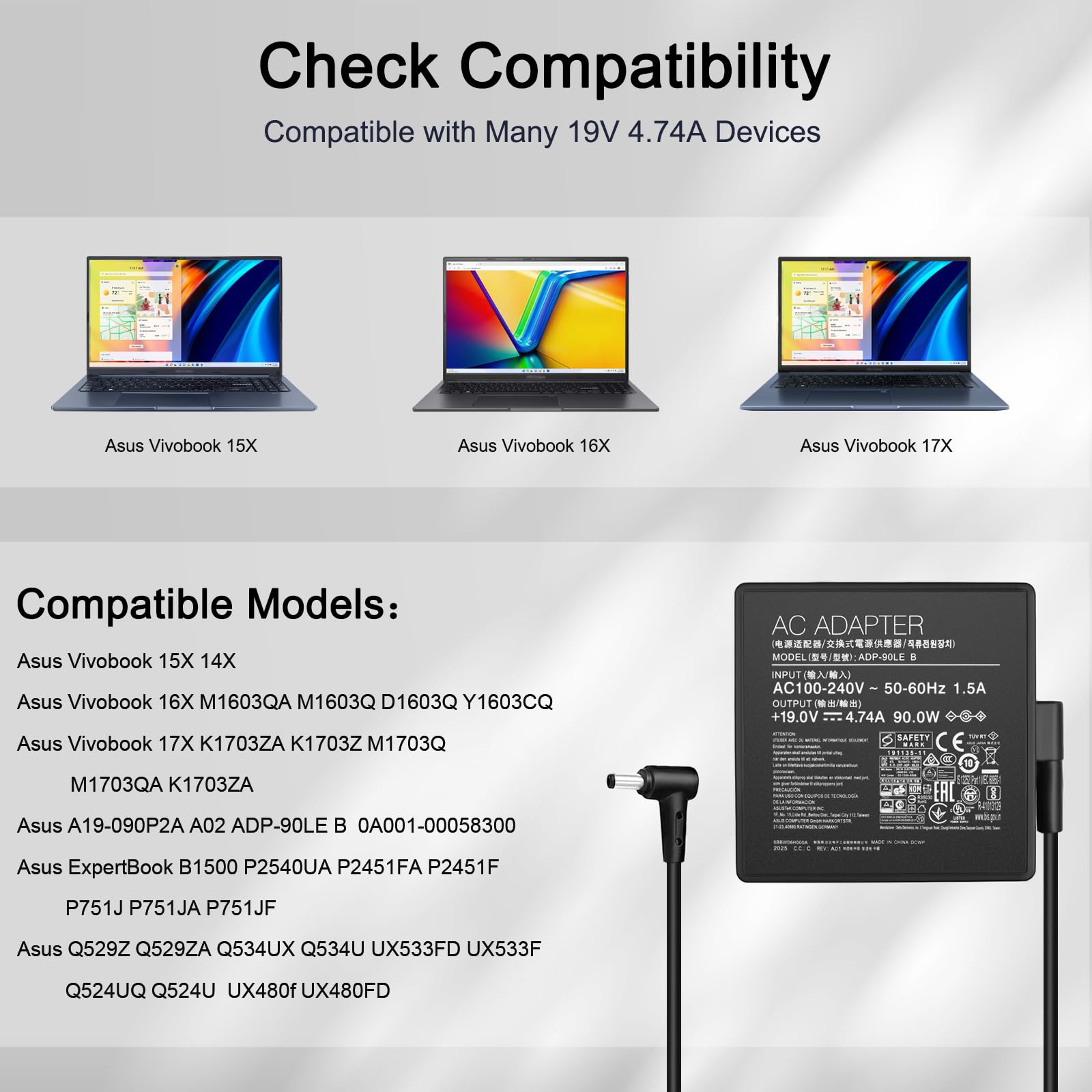 90W Laptop Charger For Asus Vivobook 15X 14X 16X 17X K1703Z M1703Q M1603Q D1603Q Y1603C Asus Expertbook B1500 P2451F P751J Asus Q529Z Q524U Q534U Ux533F Ux480F Power Cord Adp 90Le B
