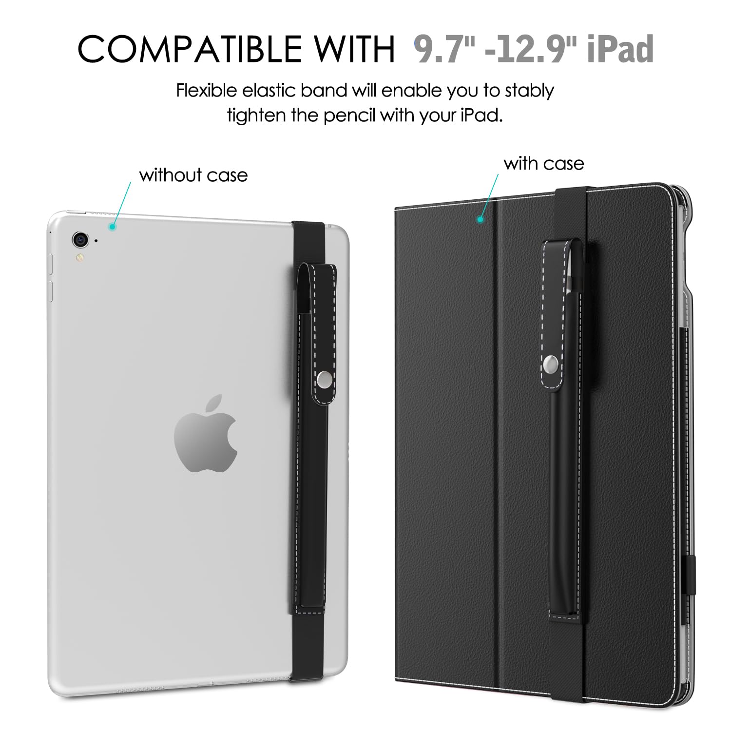 MoKo Pencil Holder for Apple Pencil Pro, Apple Pencil 1st/2nd Generation, Apple Pencil (USB C), PU Leather iPad Pencil Sleeve Pouch with Buckle & Elastic Band Attach to iPad Case, Black