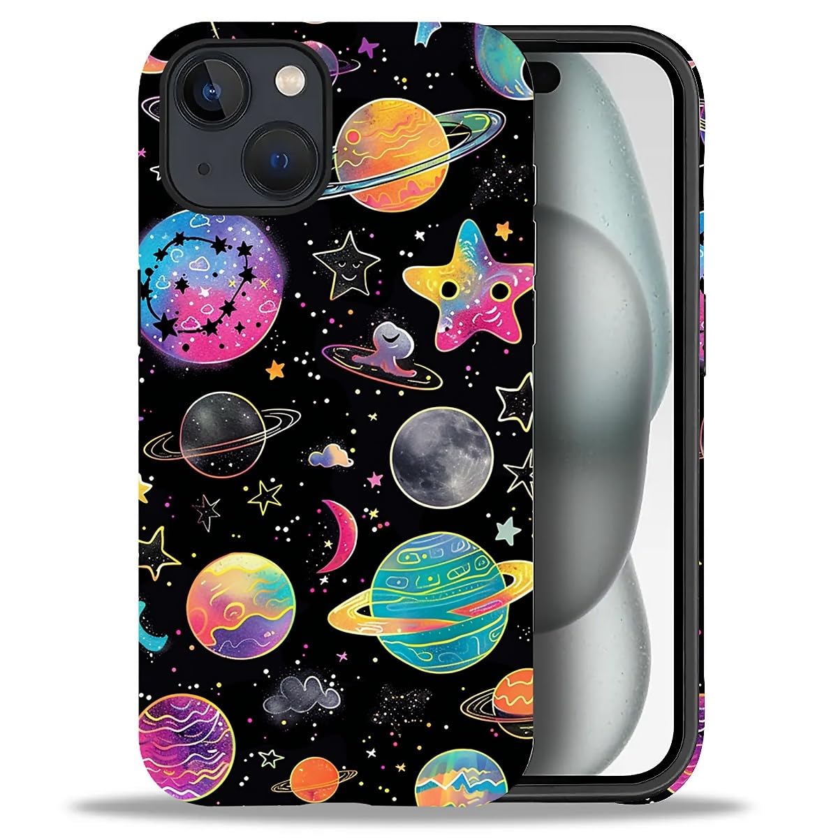 WANKBLC Compatible with iPhone 15 Plus Matte Case, Rainbow Planet Stars Space Pattern for Girl Full Body Design Soft Silicone Dr