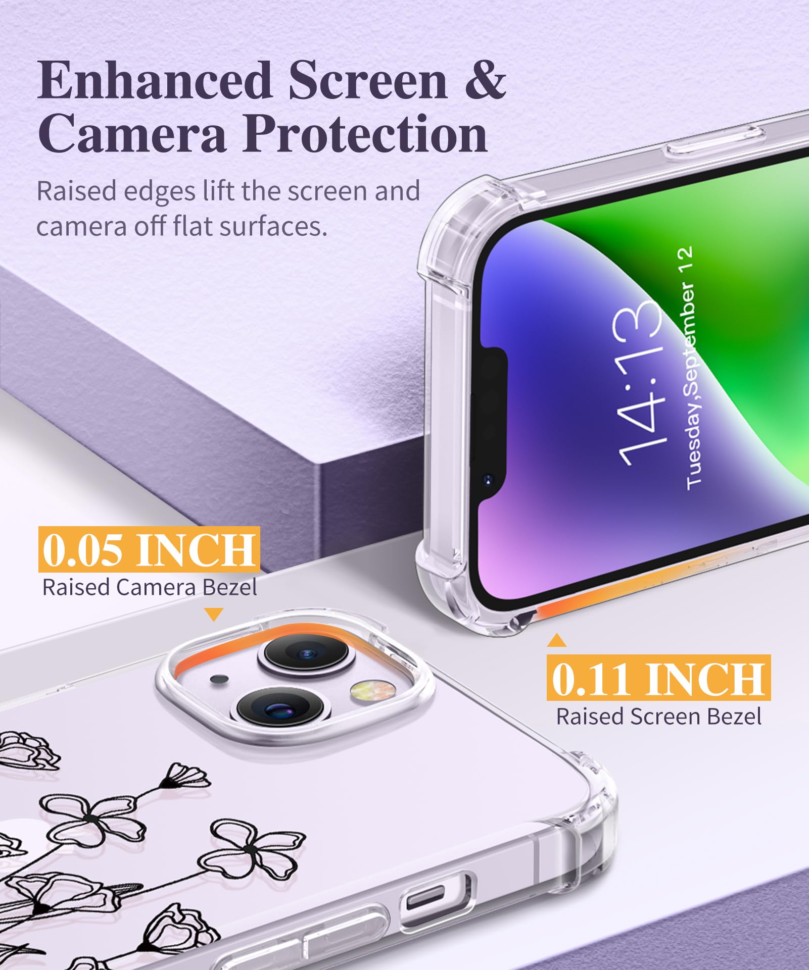 Gviewin For Iphone 14 Case Floral, With Screen Protector + Camera Lens Protector,[Non Yellowing] Soft Shockproof Clear Phone Pro