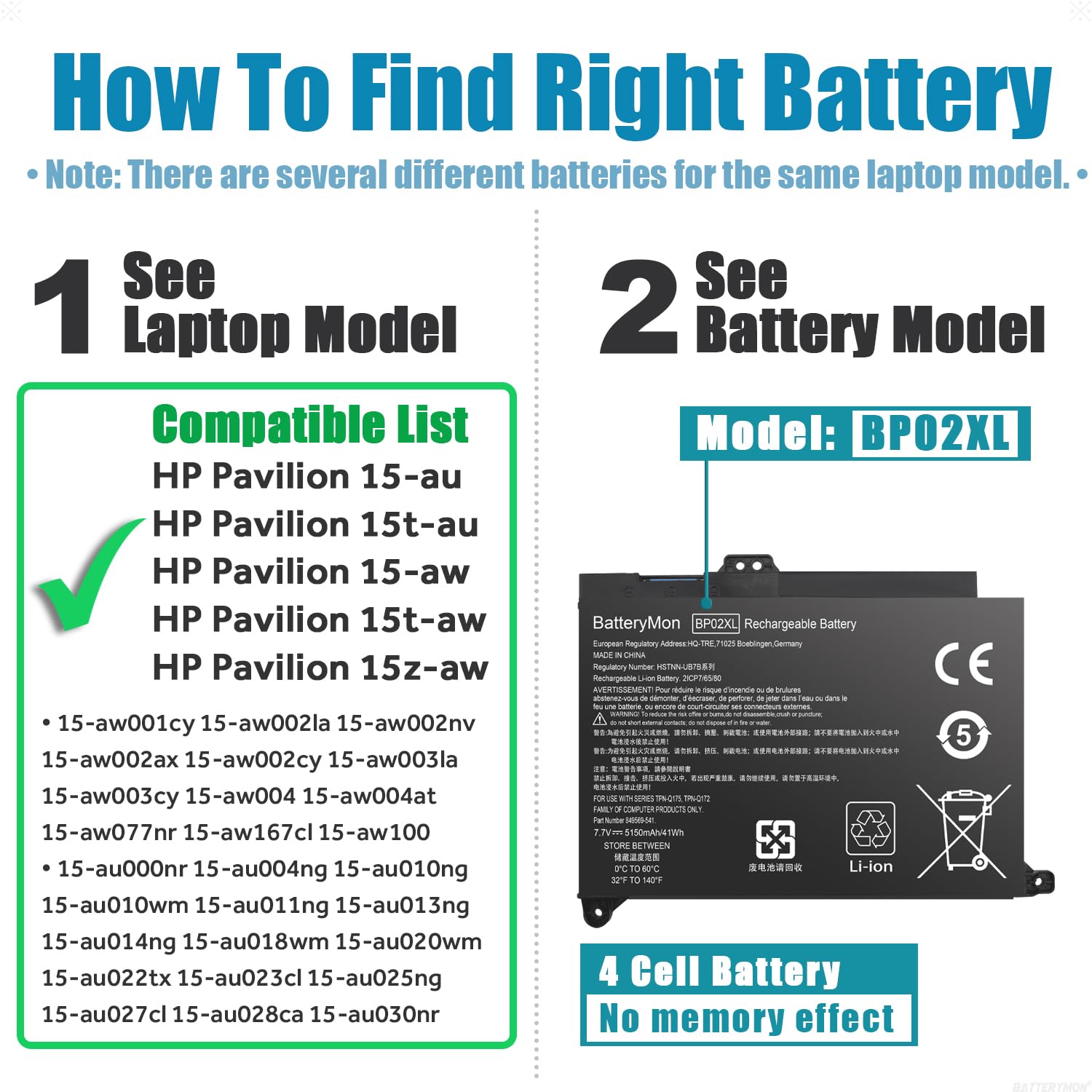 849909 850 Bp02Xl Battery For Hp Pavilion 15 Au 15T Au 15 Au010Wm 15 Au018Wm 15 Au020Wm 15 Au030Wm, Pavilion 15 Aw 15 Aw100 15 A