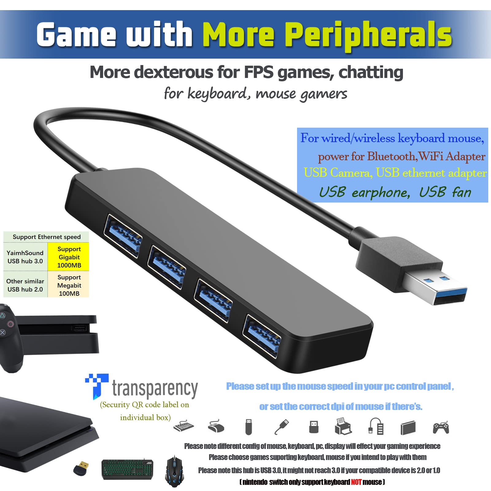 4 Port Usb Hub 3.0, T Sound Usb Splitter For Laptop, Ps4 Keyboard And Mouse Adapter For Dell, Asus, Hp, Macbook Air, Surface Pro, Acer, Xbox, Flash Drive, Mobile Hd, Console, Printer, Camera