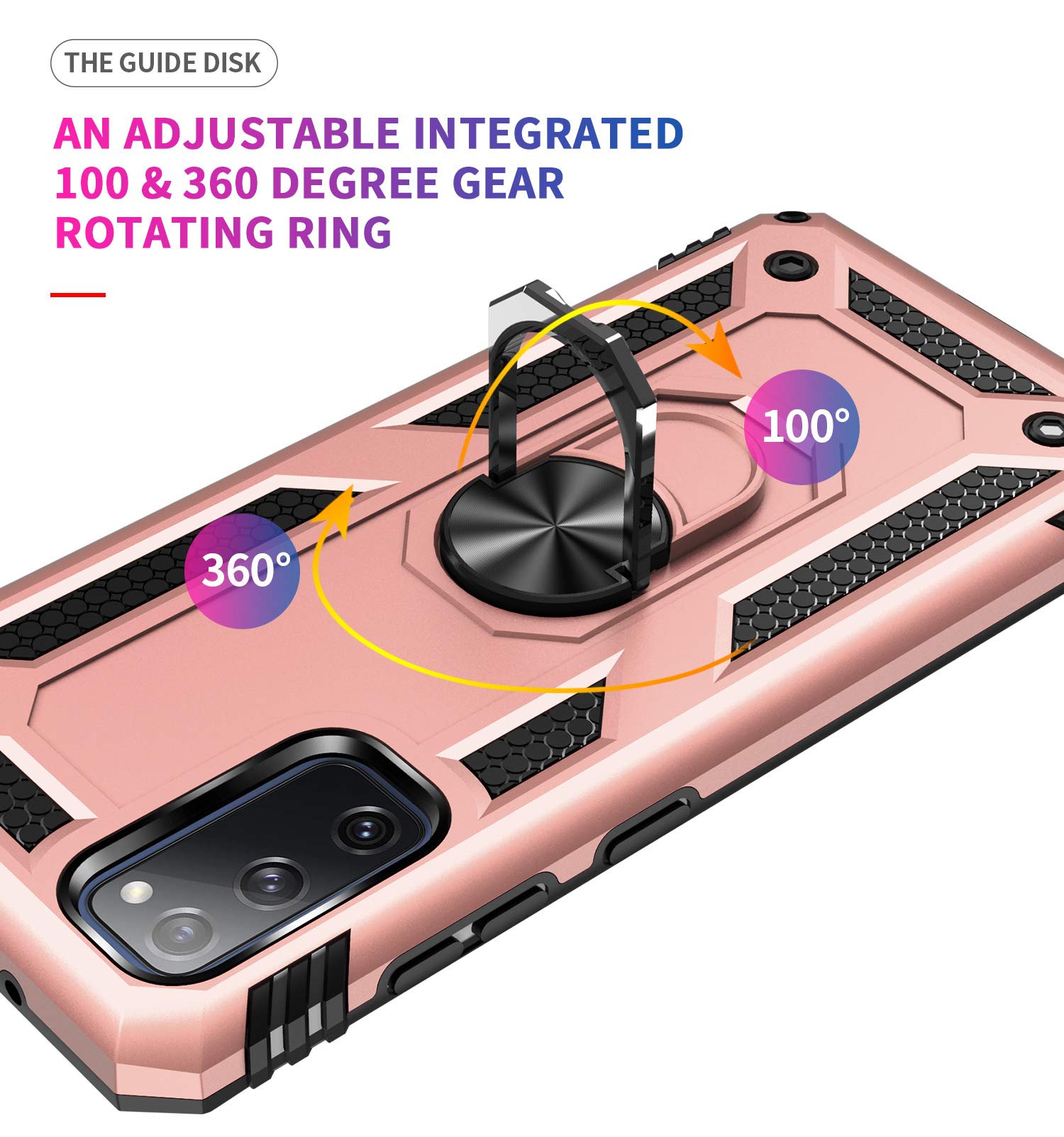 Addit Samsung S20 Fe Case, Military Grade, Heavy Duty, With Kickstand Ring & Magnet Car Mount - Rose Gold
