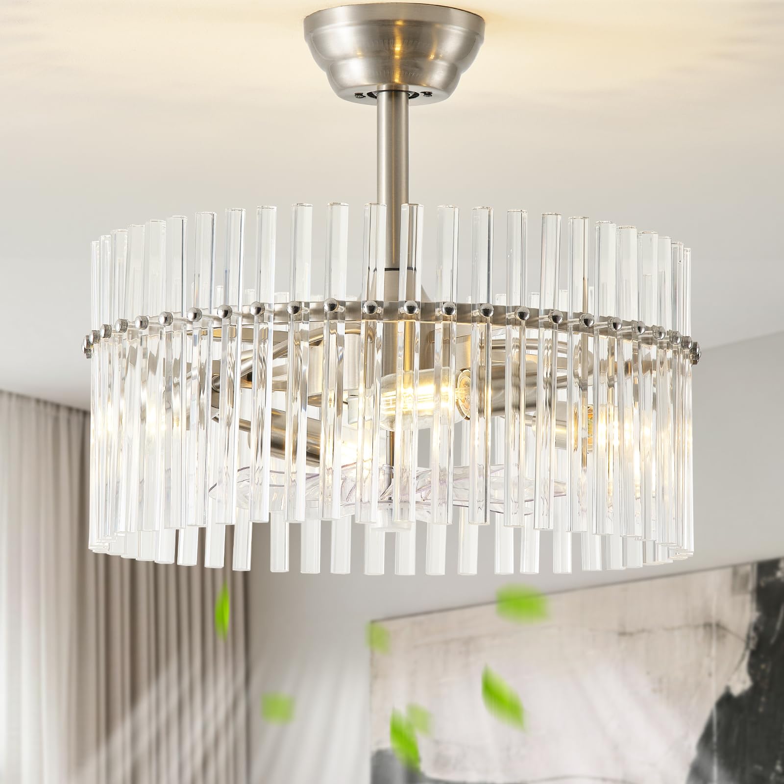 SYDACG 20 Silver and Clear Crystal Fandelier Ceiling Fan with Light, Mid-Century Chandelier Ceiling Fan with Light Remote Contro