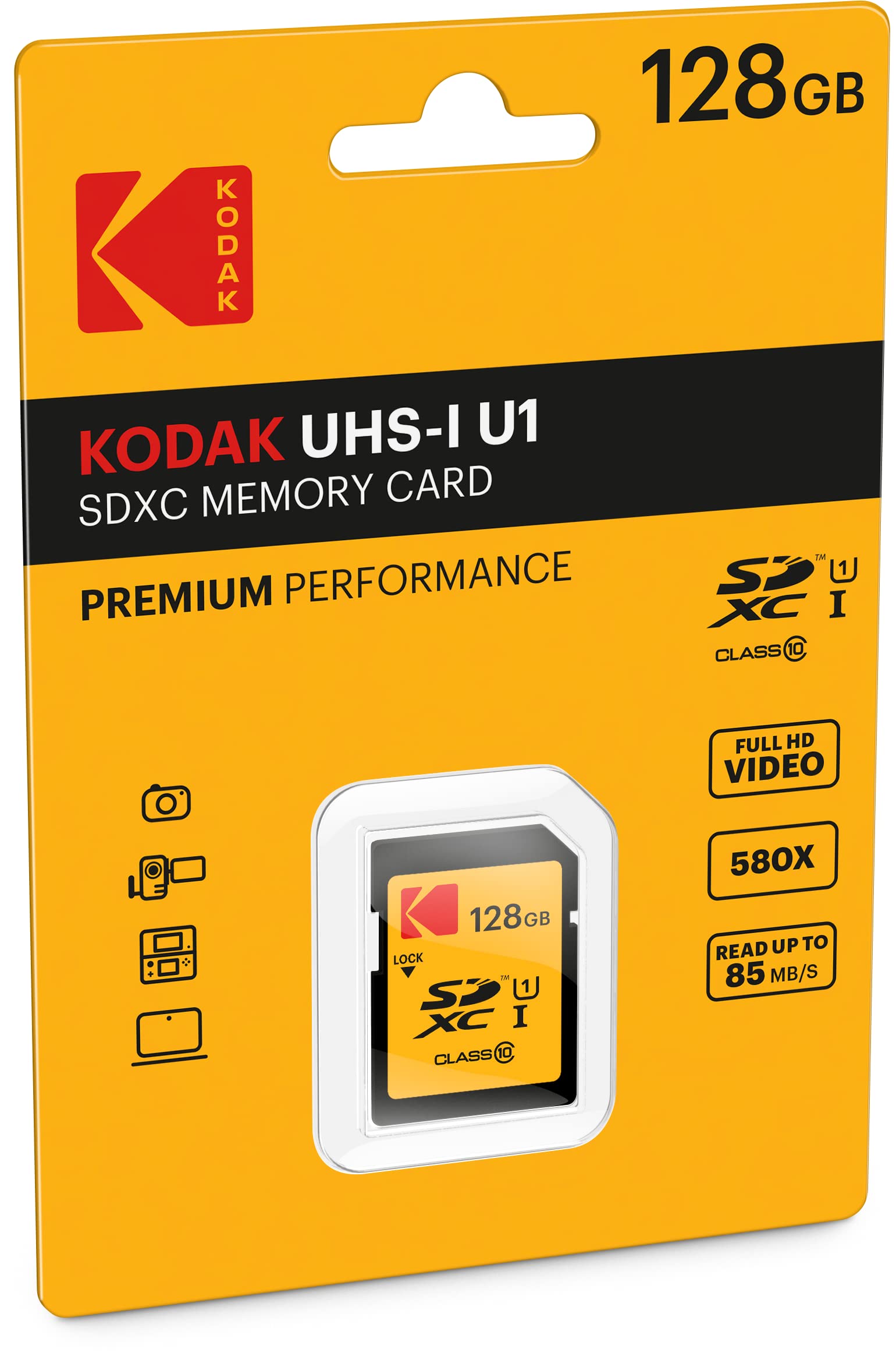 Kodak Premium Memory Card 128Gb, 85Mbs Read Speed, 25Mbs Write Speed For Full Hd Video And High Resolution Pictures, Compatible