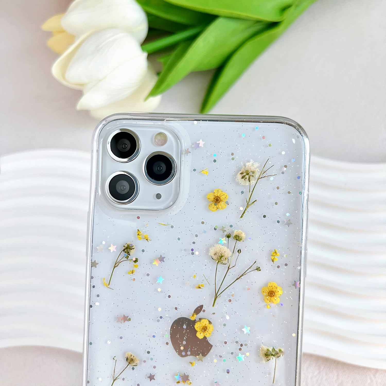 Lseeka For Iphone 11 Pro Max Clear Case With Pressed Real Flowers Design,Glitter Cute Yellow Floral Pattern Slim Soft Tpu Protec
