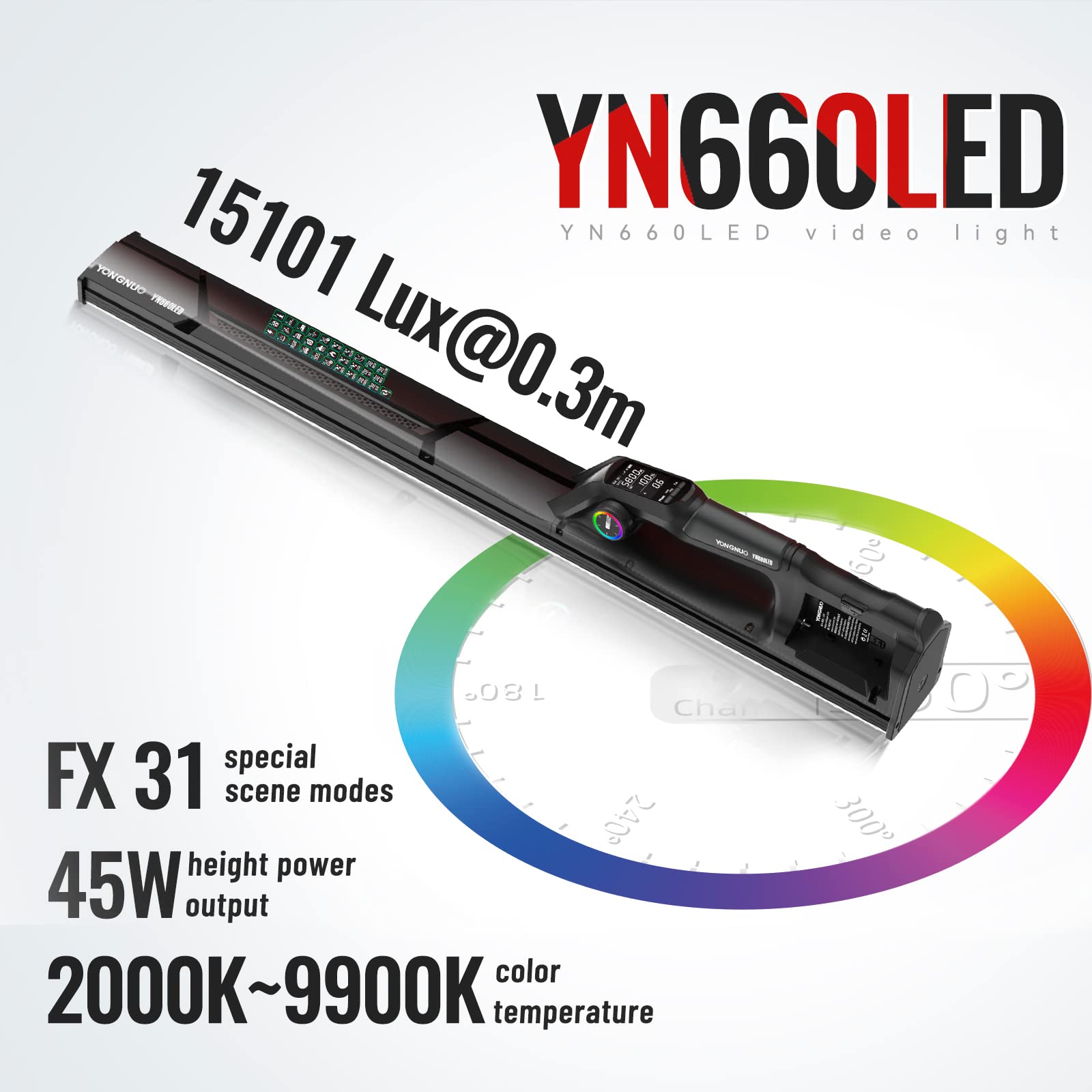 Yongnuo Yn660Led Led Video Light, 45W Handheld Wand Light, Rgb Full Color Led Tube Light, Cri96 2000K 9900K Adjustable, 31 Light