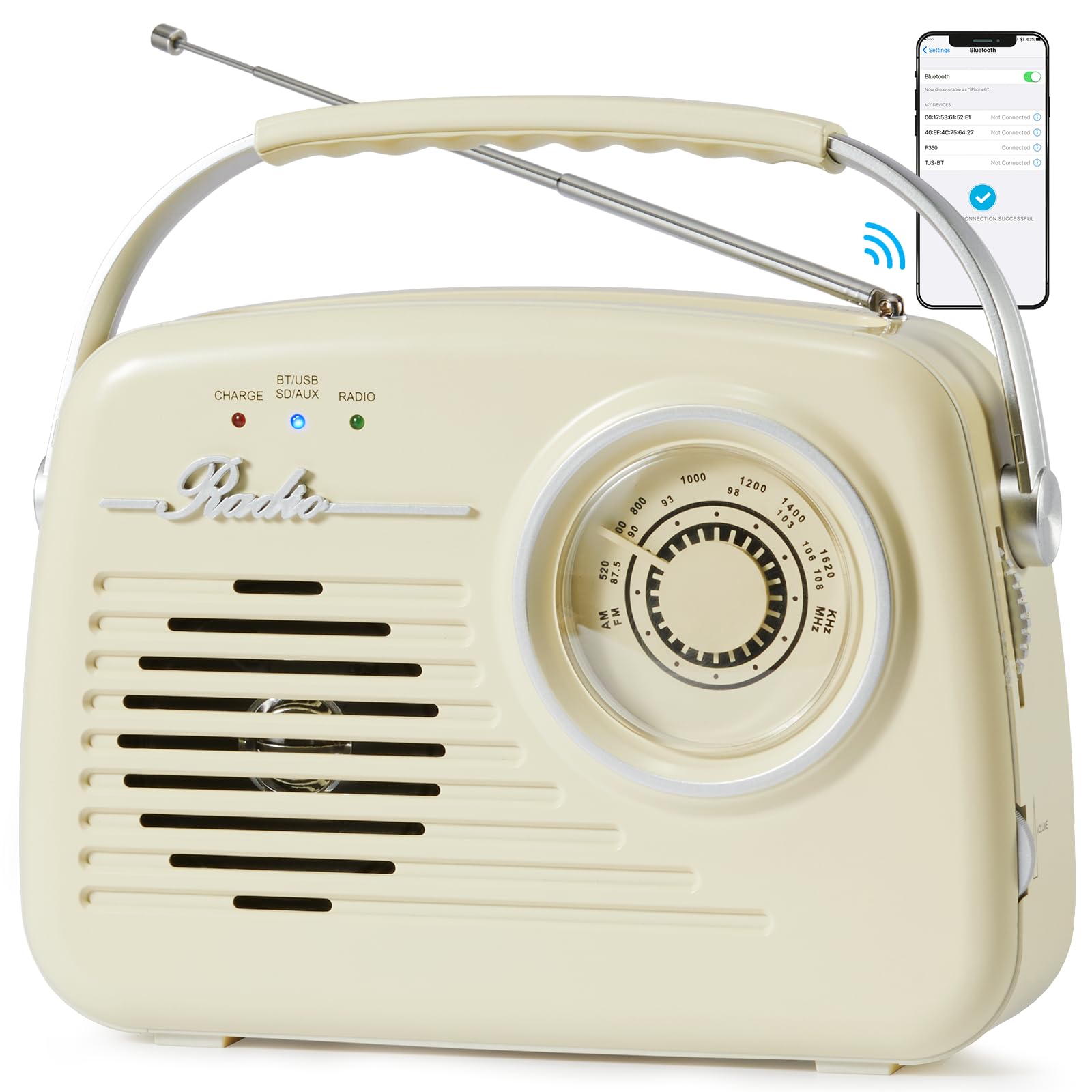 Bingxue Radios Portable AM FM, Battery Powered and Plug in Wall for Home/Outdoor/Kitchen, Vintage Retro Radio with Bluetooth, La
