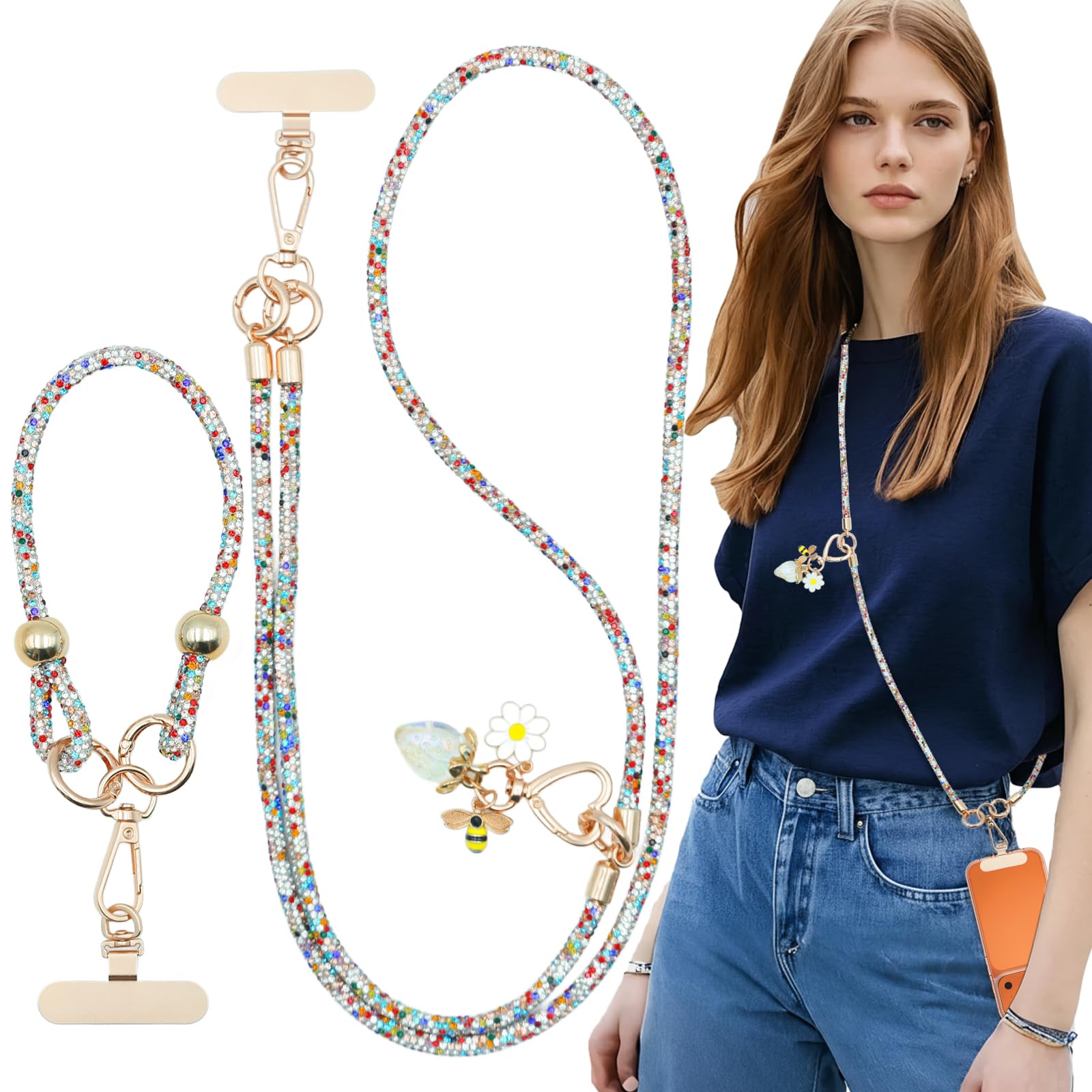 QIOFEARTH Phone Strap Crossbody and Wrist Lanyard/Cute Strawberry Charms, Anti Theft Layered & Wrist Strap Universal Cell Phone 