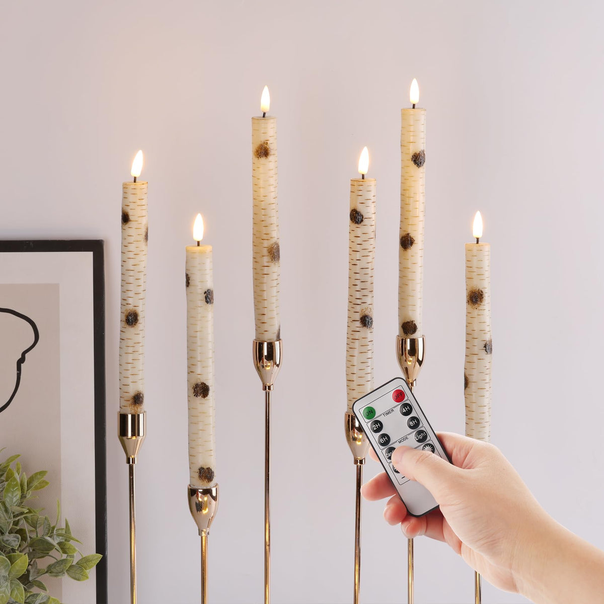Eywamage Birch Bark Led Taper Candles With Remote, Battery Operated Wood Candles, Led Wax Candlesticks Set Of 6