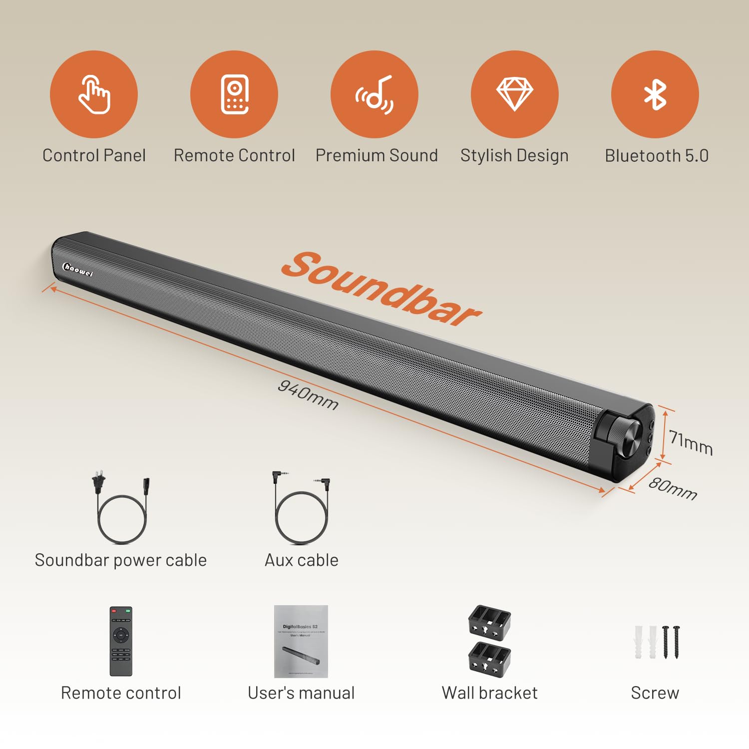 Chaowei 37 Inch 120W Bluetooth 5.0 Sound Bar Speaker For Tv With Builtin Subwoofers, 2.1Ch 3D Surround Sound System With 8 Speakers,7 Sound Modes,4Eq,Aux/Hdmi Arcopt\Usbbt Connect