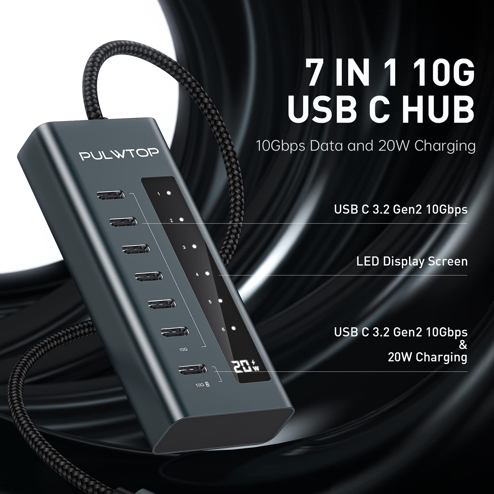 Pulwtop Usb C Hub For Laptop, 7 In 1 10Gbps Usb C To Usb C Hub Support Data & Charging(Not Support Video), Usb C 10Gbps Ports Fo