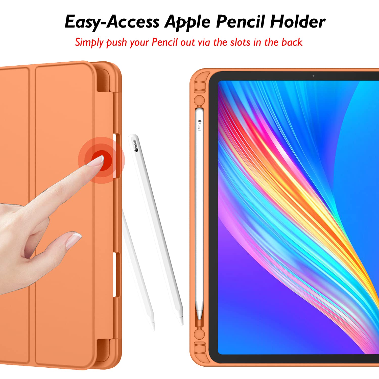 Imieet New Ipad Pro 12.9 Case 2022(6Th Gen)/2021(5Th Gen) With Pencil Holder [Support Ipad 2Nd Pencil Charging/Pair],Trifold Stand Smart Case With Soft Tpu Back,Auto Wake/Sleep(Orange)