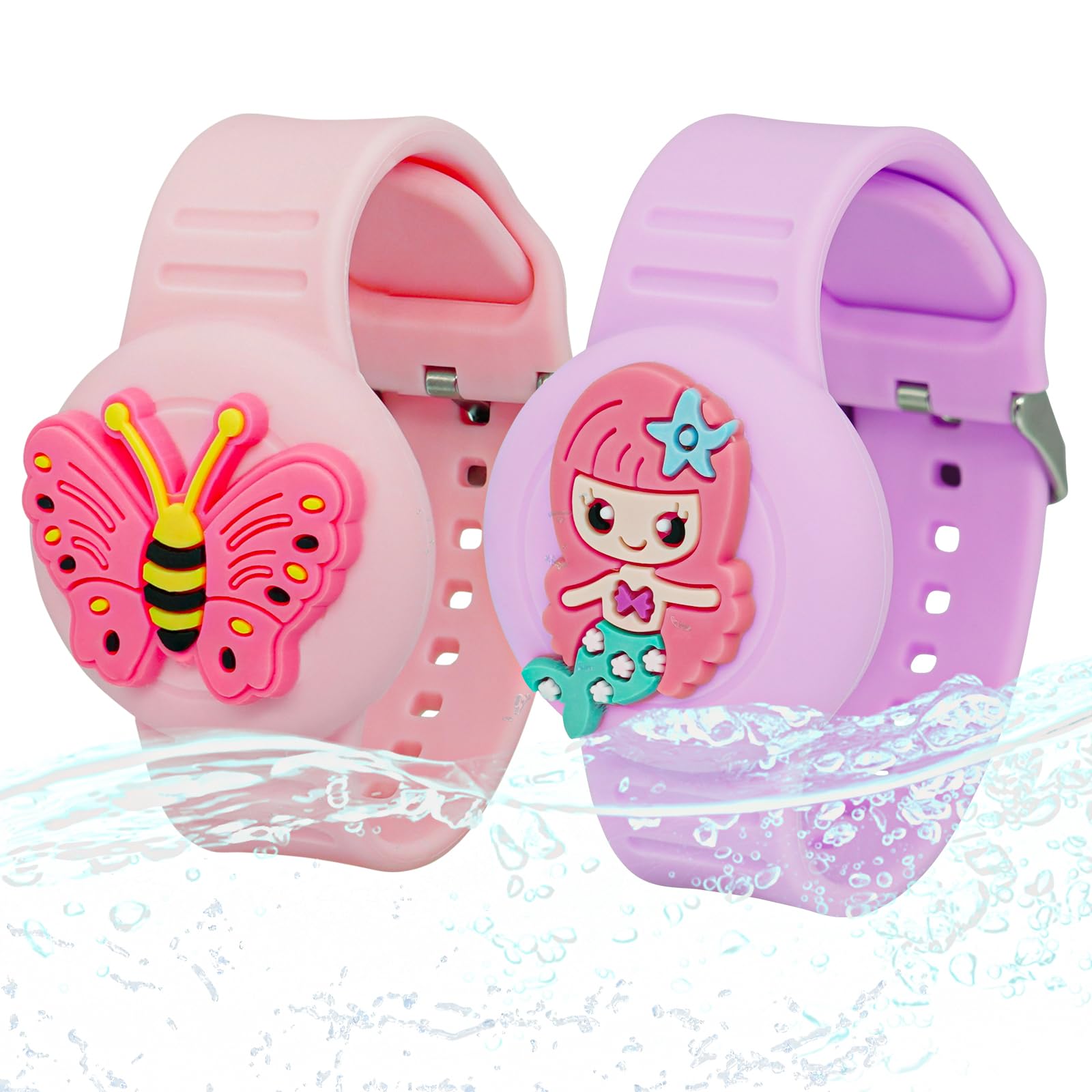Xeewen 2 Pack For Airtag Waterproof Watch Bracelet Cute Holder For Kids, Pink Purple Wristband Cover (Mermaid Butterfly)