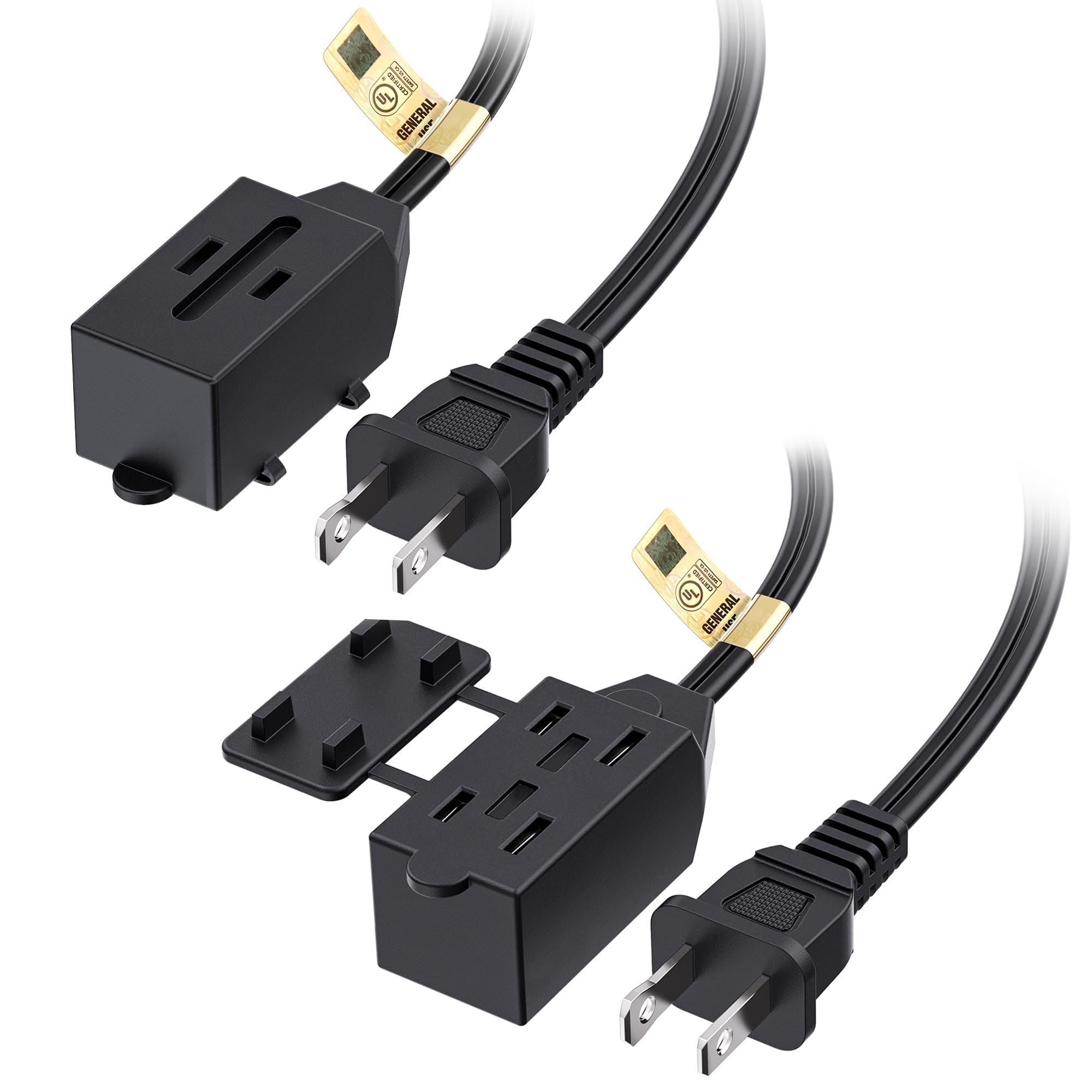 [UL Listed] Cable Matters 2 Pack 16 AWG 2 Prong Extension Cord 6 ft, 13A 3 Outlet Extension Cords with Tamper Guard, 13 Amp, 1625 Watts, Black