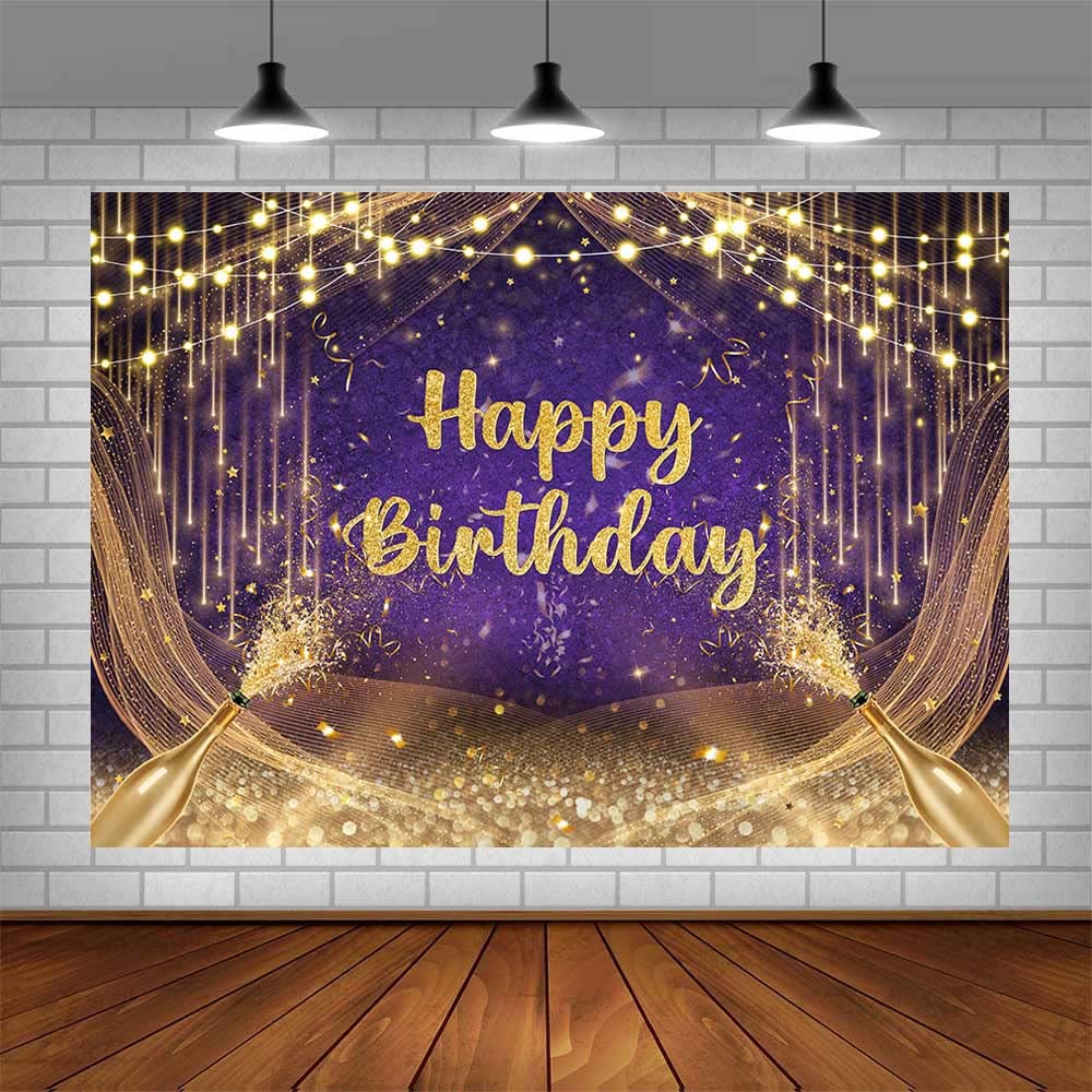 Aibiin 7X5Ft Purple Gold Birthday Backdrop Happy Birthday Photography Background Gold Glitter Birthday Prom Party Decorations Ba