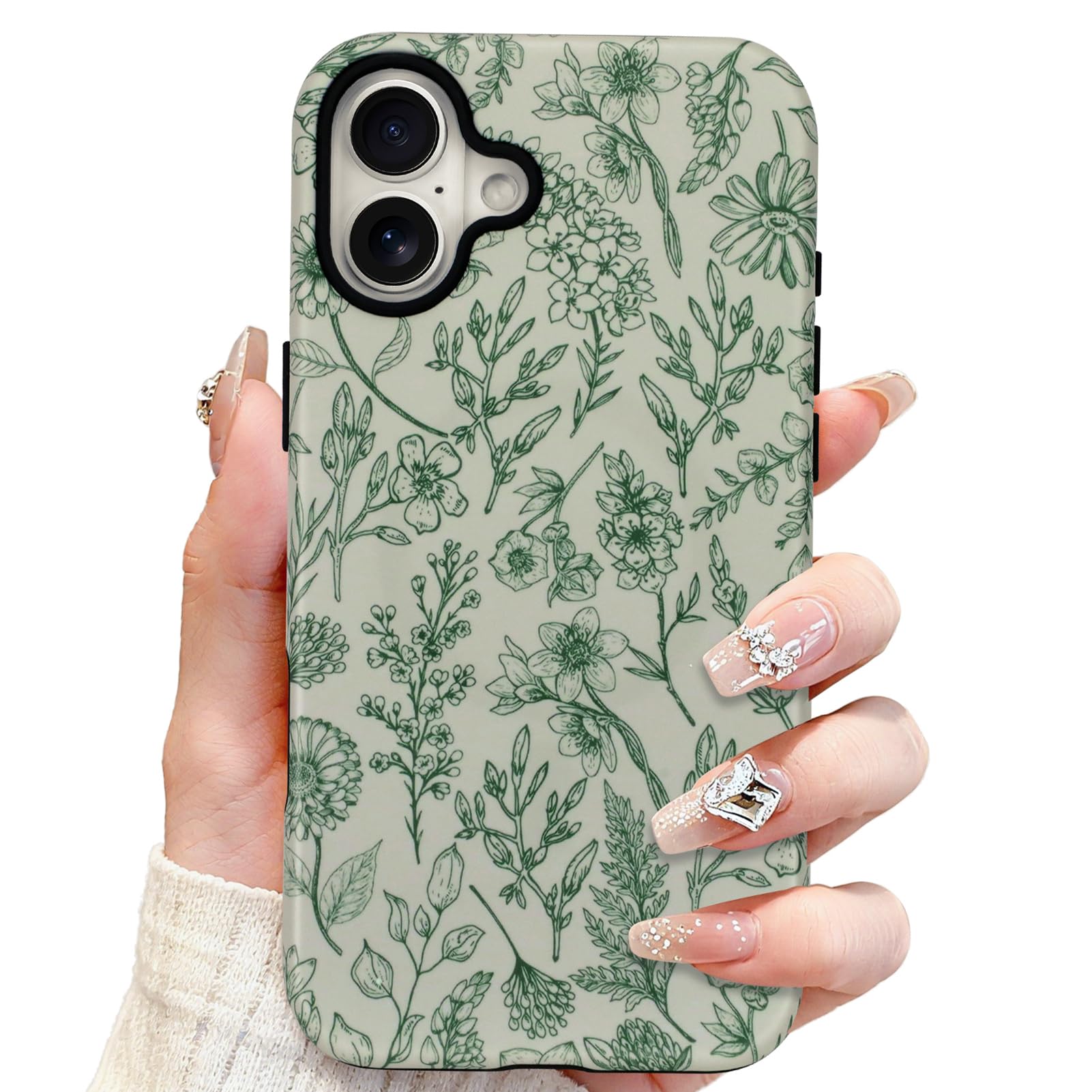SOKAD Magnetic Sage Floral Phone Case for iPhone 16, Vintage Green Flower Pattern Compatible with Magsafe Matte Protective Case 