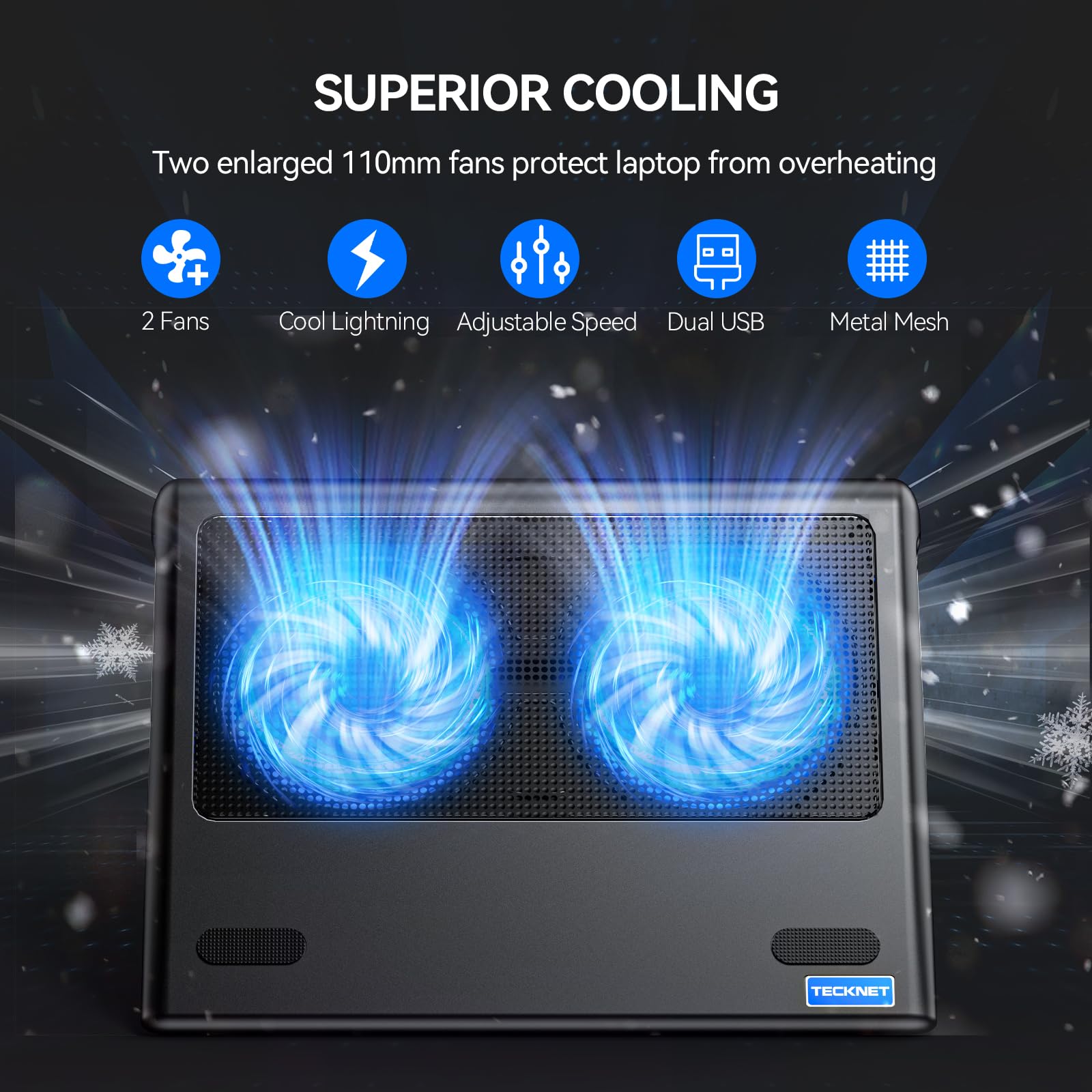 Tecknet Laptop Cooling Pad, 12' 15.6' Laptop Cooler, Gaming Laptop Cooling Stand, Wind Speed Adjustable, 2 Usb Powered Laptop Fan Cooling Pad For Laptop Within 16 Inch (Blue)