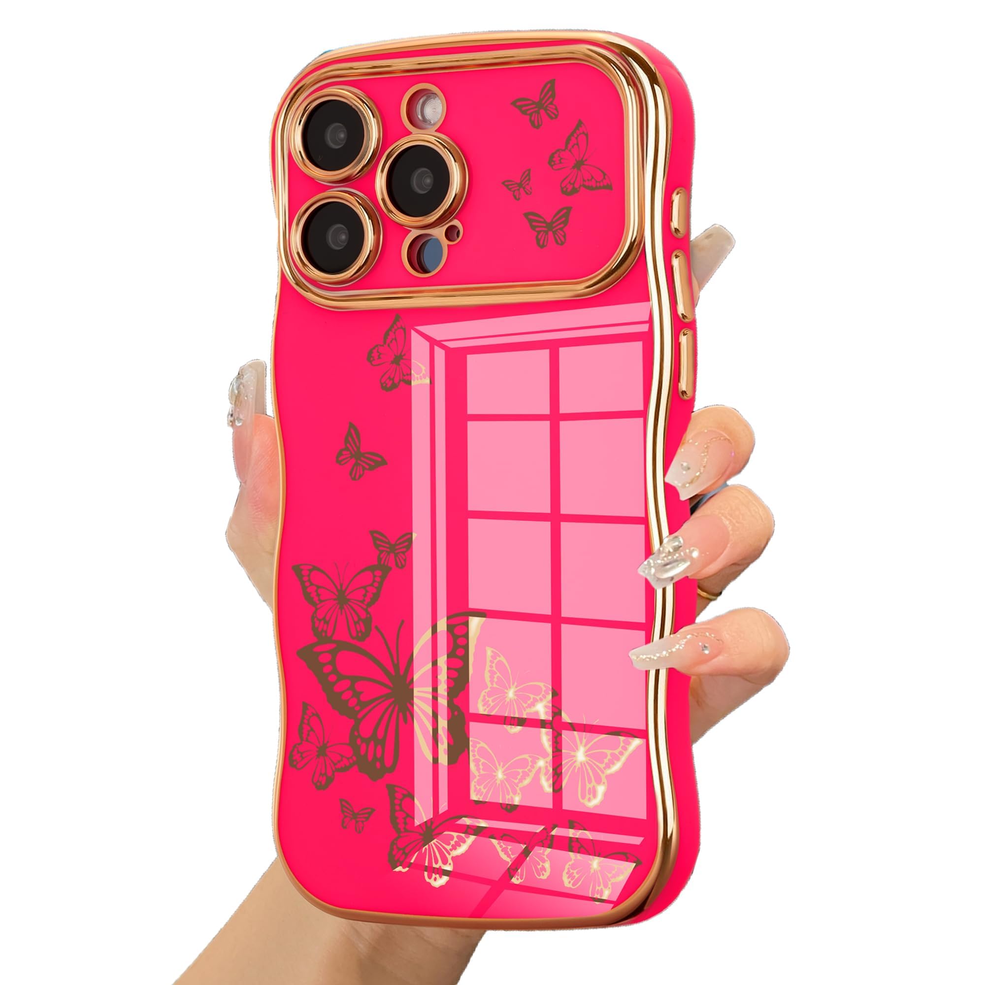 Ztofera For Iphone 15 Pro Case For Girl Women, Cute Curly Wave Frame With Luxury Plating Butterfly Pattern, Soft Tpu Shockproof