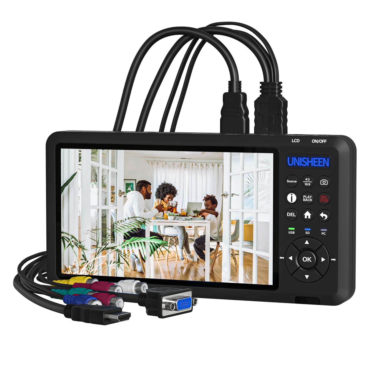 UNISHEEN Video Recorder 1080P 60FPS USB2.0 with 7 Screen, DVI/HDMI/CVBS/VGA/YPBPR Capture from VCR, DVD, VHS Tapes, Camcorders, 