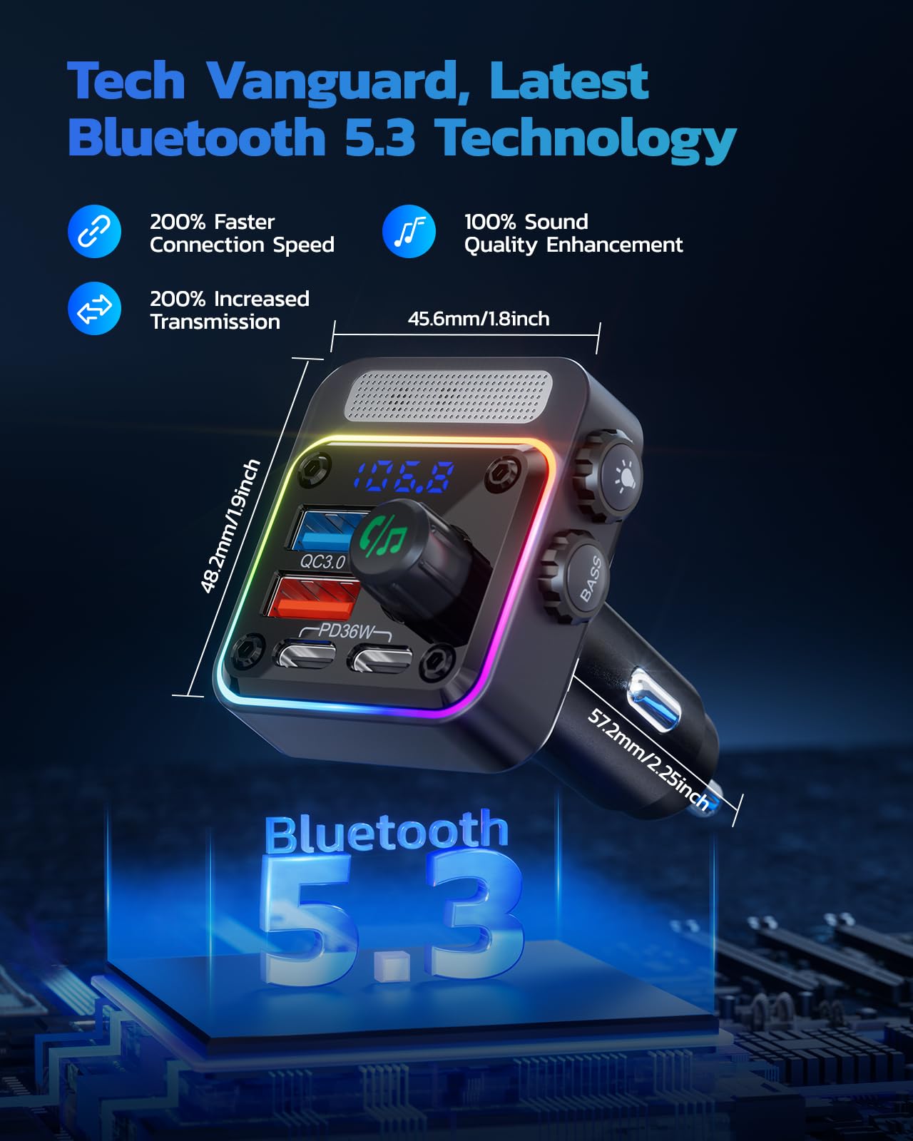 Nulaxy 54W Bluetooth 5.3 Car Adapter With 4 Charging Ports [Pd 36W & Qc3.0 18W], Wireless Radio Fm Transmitter With Deep Bass Pl