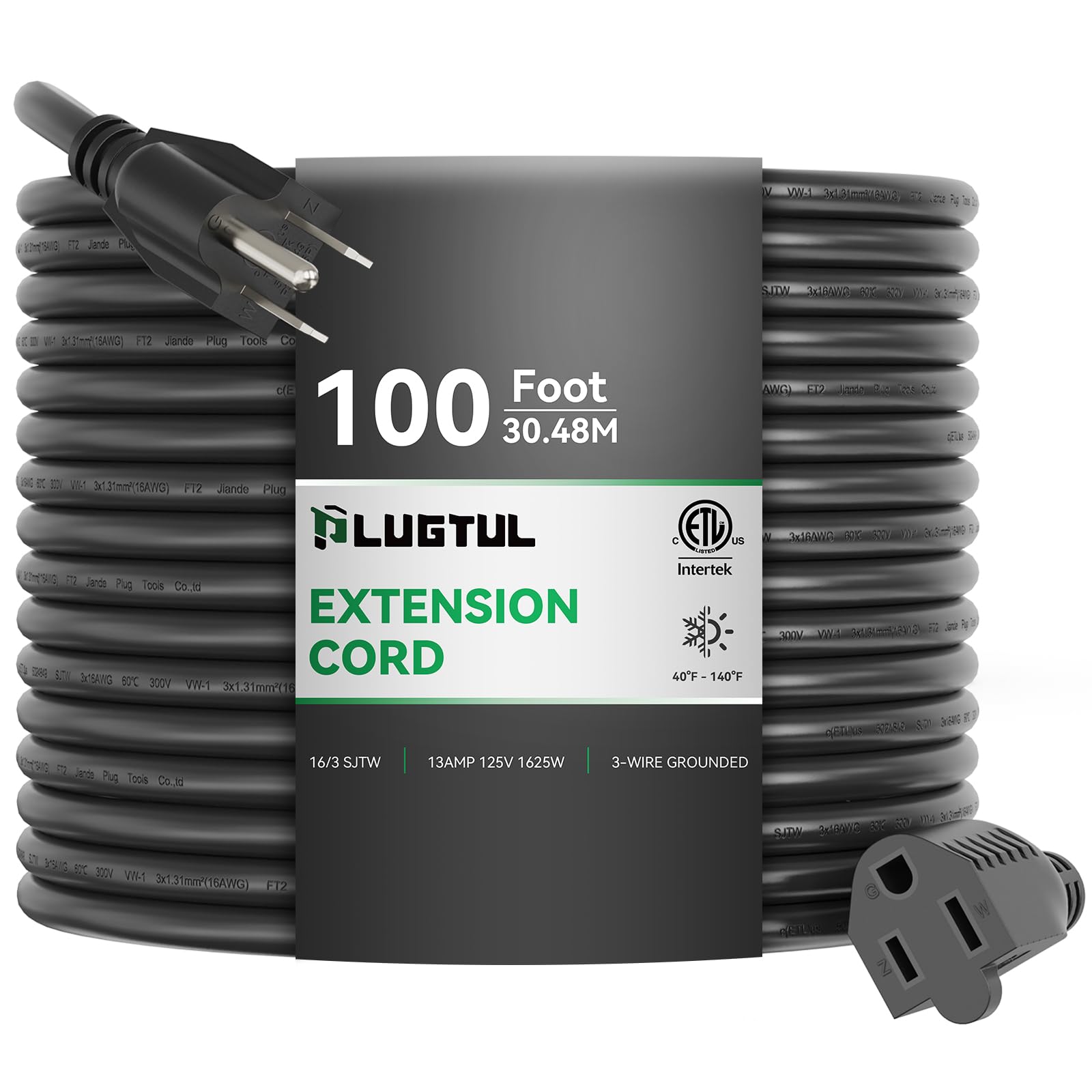 Plugtul Extension Cord 100Ft, 16/3 Gauge Outdoor Extension Cord Waterproof, 13A 1625W Sjtw, Etl Listed, Great For Garden And Hom