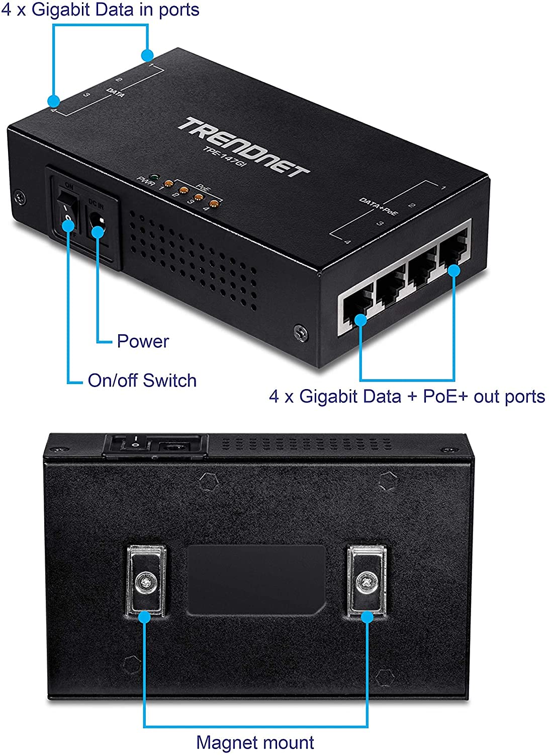 Trendnet 65W 4 Port Gigabit Poe+ Injector, Tpe 147Gi, 4 X Gigabit Ports(Data In), 4 X Gigabit Poe Ports(Data + Poe Out), Multi P