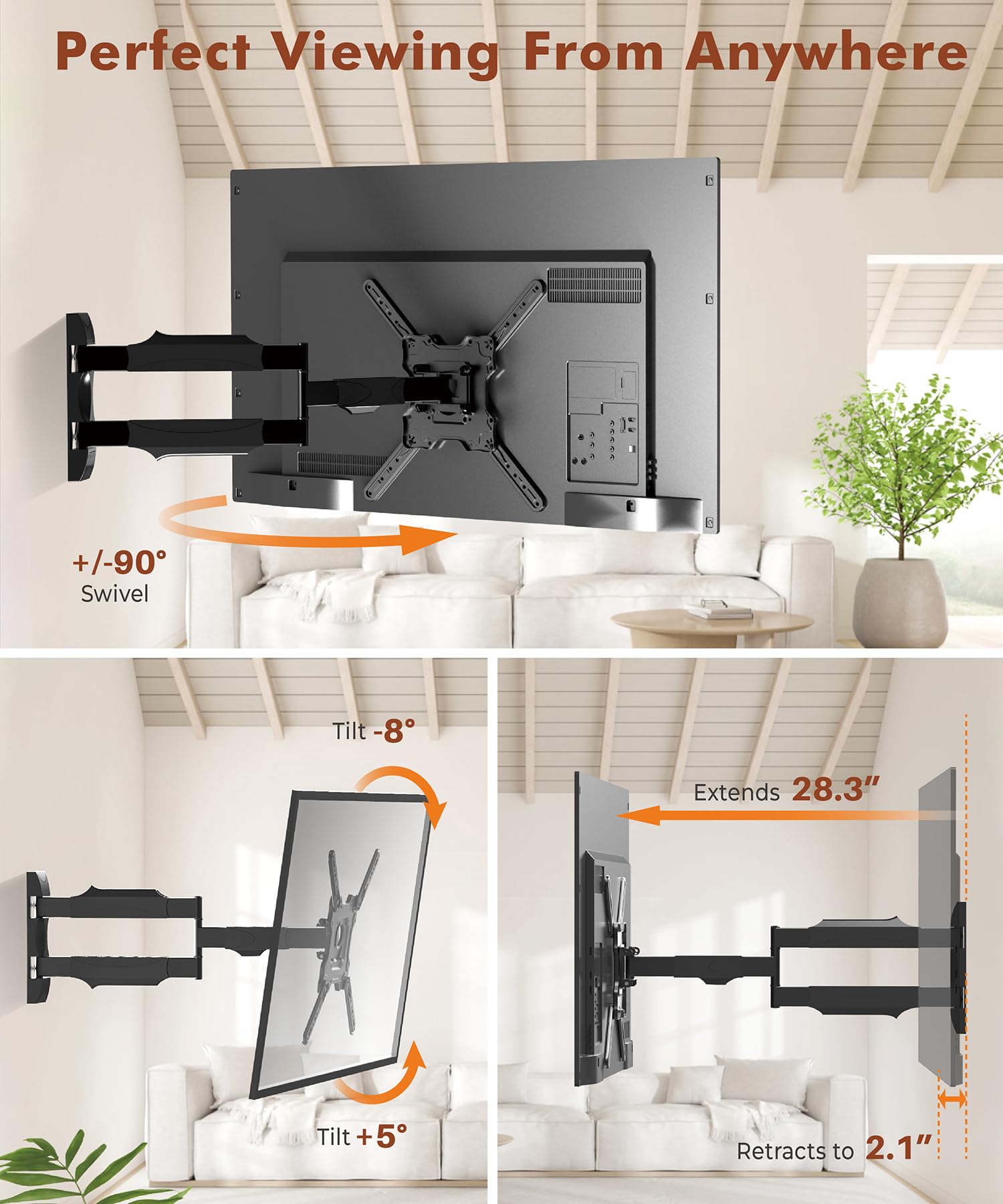 28.3'' Long Arm Tv Wall Mount For Most 26 65 Inch Tv, Full Motion Corner Wall Mount Tv Bracket With Extension Arm Articulating,